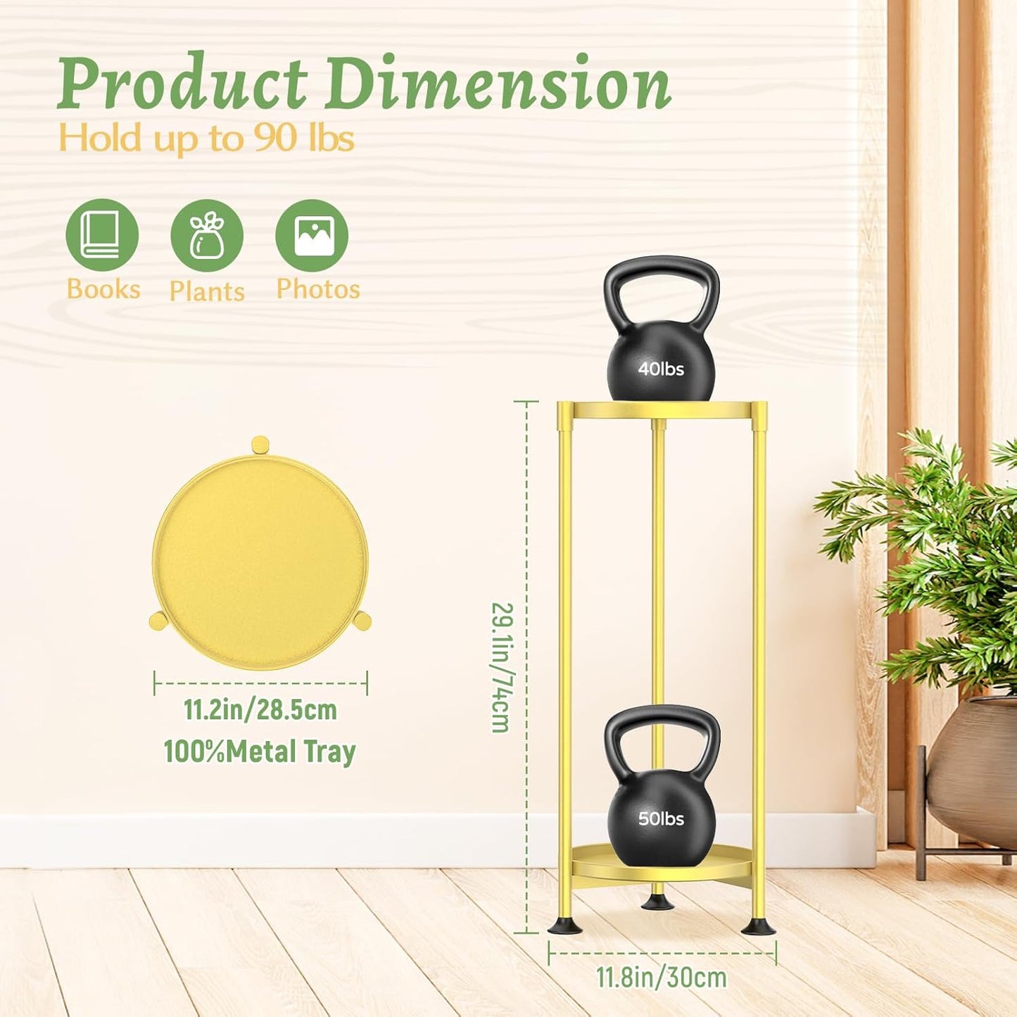 KMOTASUO 2 Tier Plant Stand Indoor for Large Tall Heavy Duty Planter, Multiple Sturdy Metal Flower Corner Rack for Narrow House Floor, Iron Vertical Level Round Orchi Holder Organizer, Gold