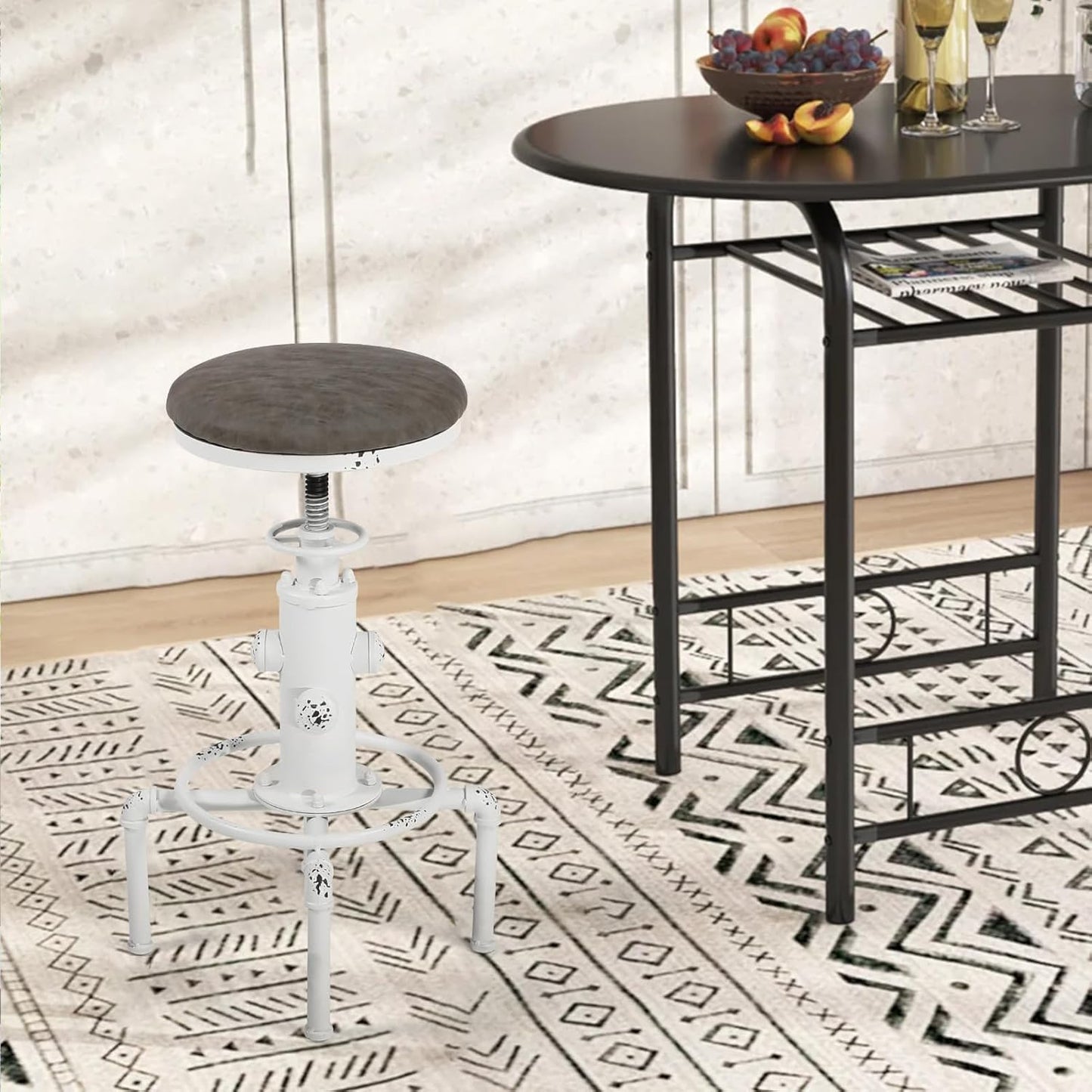 Topower Antique Vintage Industrial Barstool PU Leather Water Pipe Fire Hydrant Design Cafe Coffee Industrial Bar Stool Set of 2 Antique White