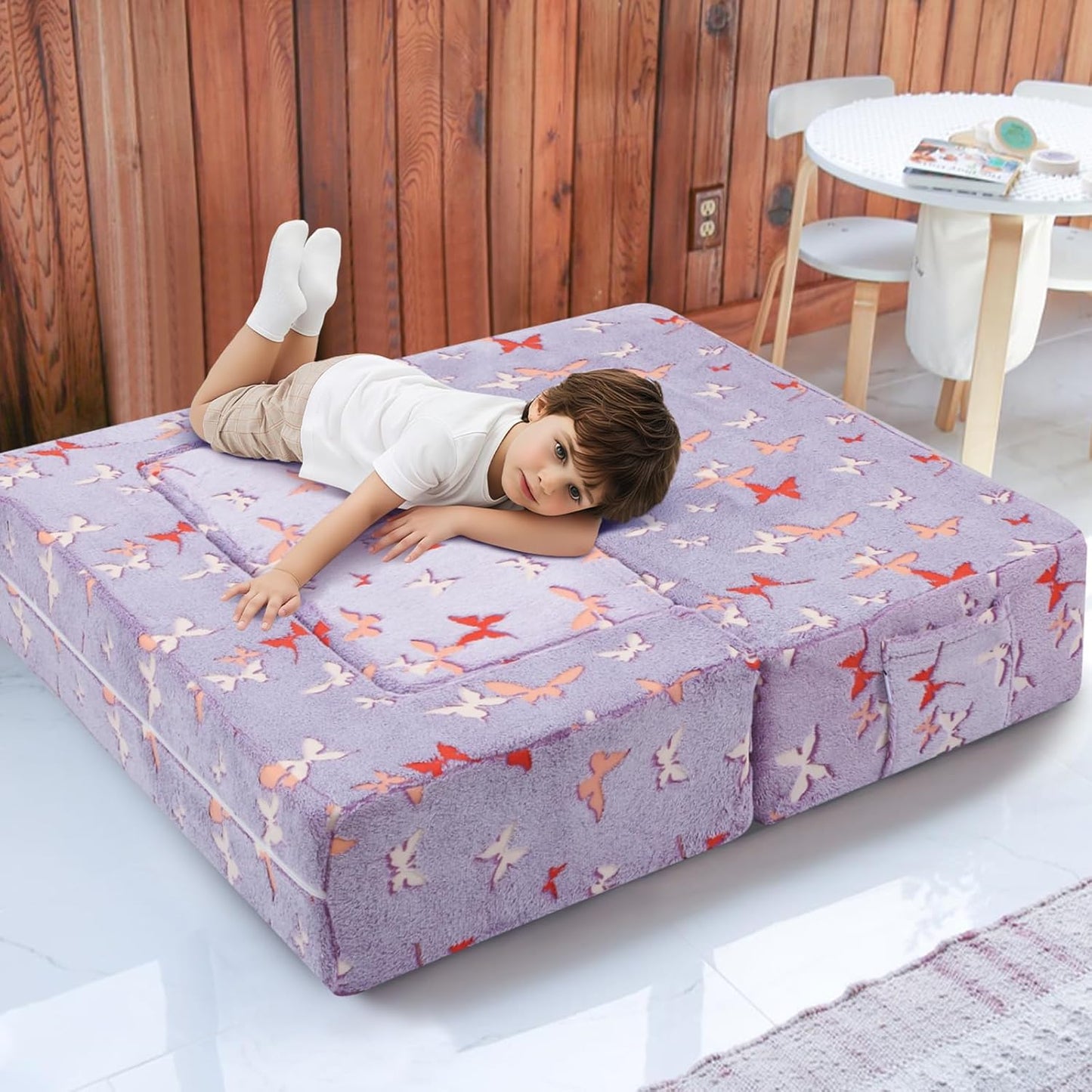 MeMoreCool Modular Kids Couch, Glow Play Toddler Couch for Bedroom Playroom, Convertible Foam Kids Sofa Bed, Fold Out Baby Sofa for Girl Boy, Butterfly