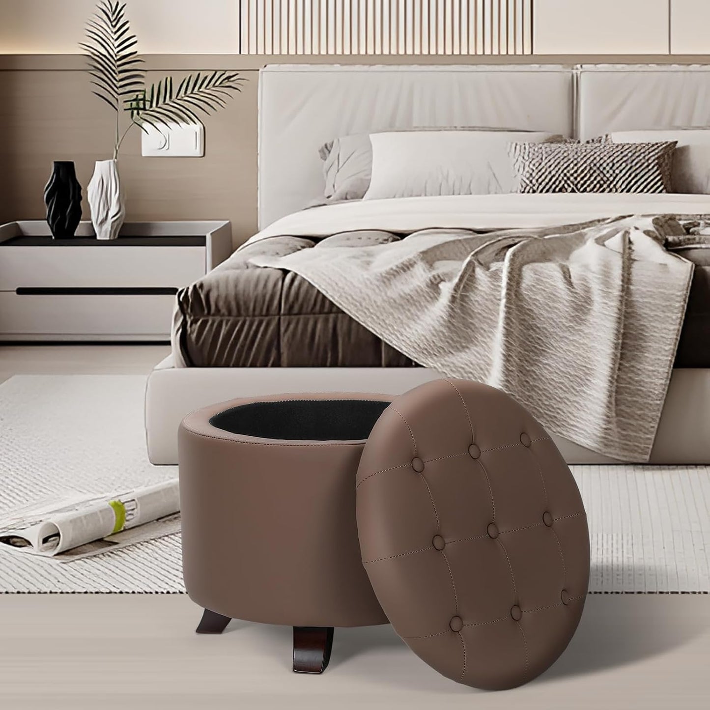 Athena Collection 20 Inch Small Ottoman with Storage, Round PU Leather Storage Ottoman with Removable Lid, Stylish Footstool Foot Rest for Living Room, Bedroom, Dorm, Brown