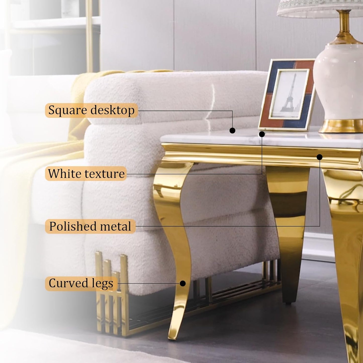 Gold End Table, Modern Square Living Room End Table with Mirrored Stainless Steel Cabriole Legs
