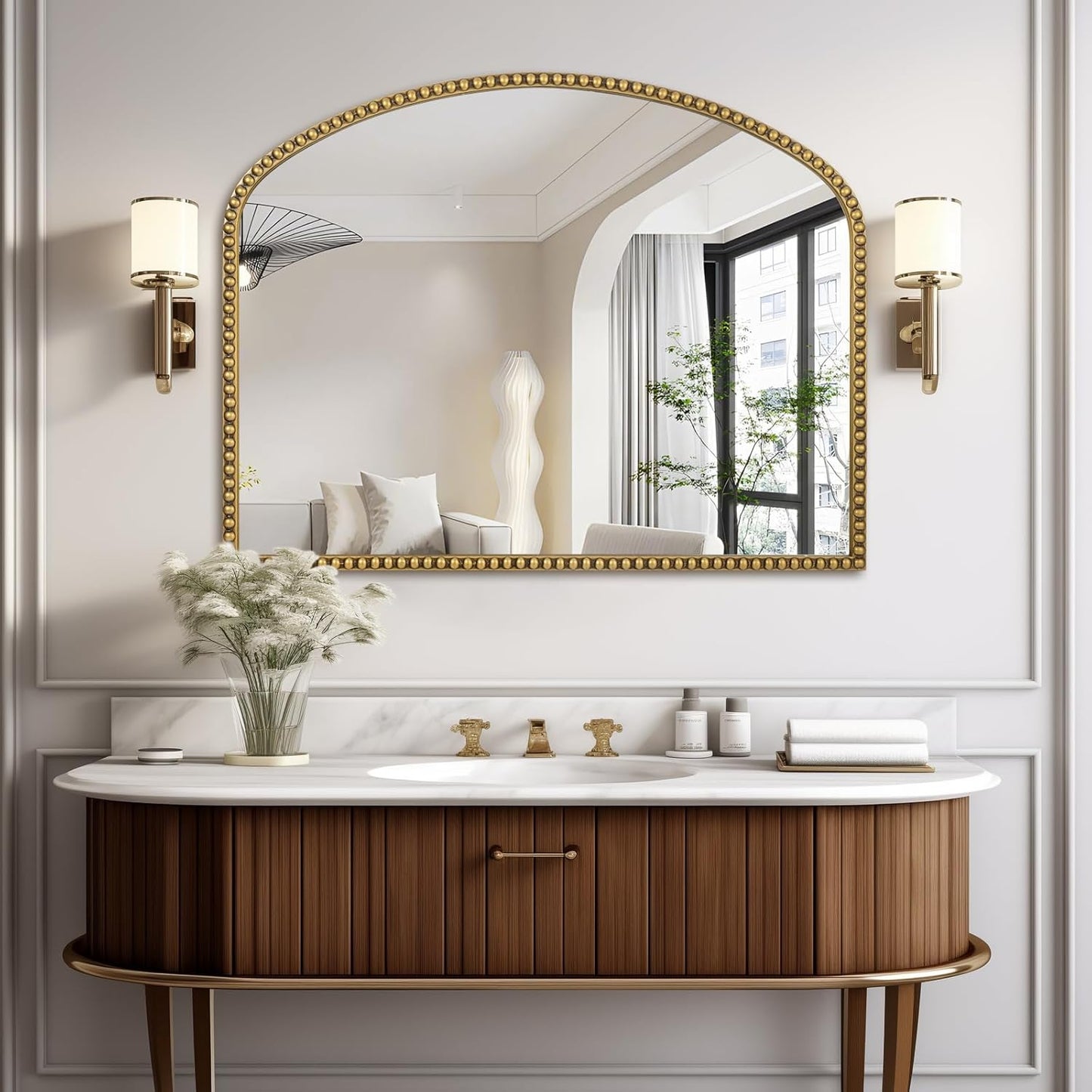 28"x36" Large Arch Wall Mirror, Decorative Beaded Frame Hanging Vanity Mirror for Dresser, Bathroom, Entryway, Bedroom, Mantel, Antique Gold