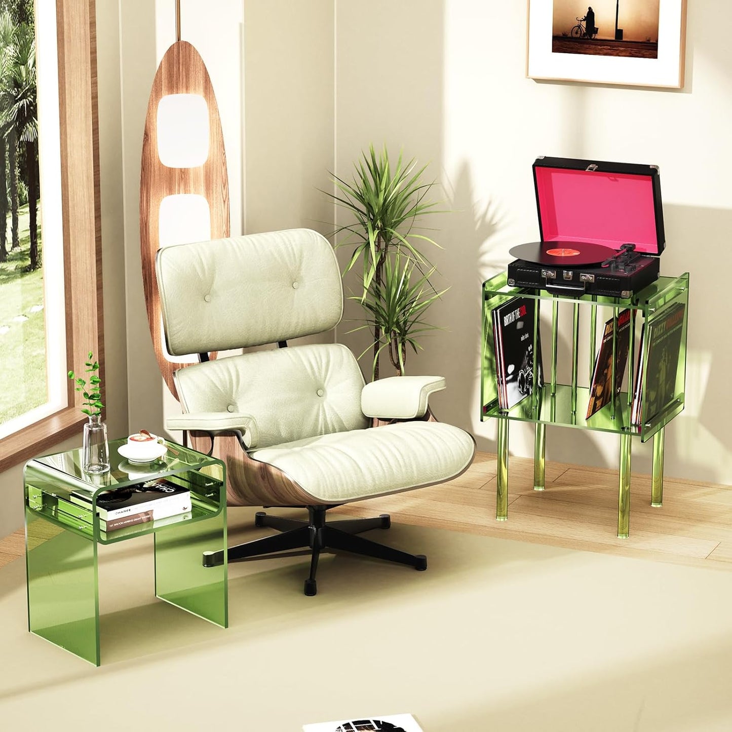 Acrylic Record Player Stand, with Vinyl Storage, Clear Acrylic Side Table, Pink (Green)