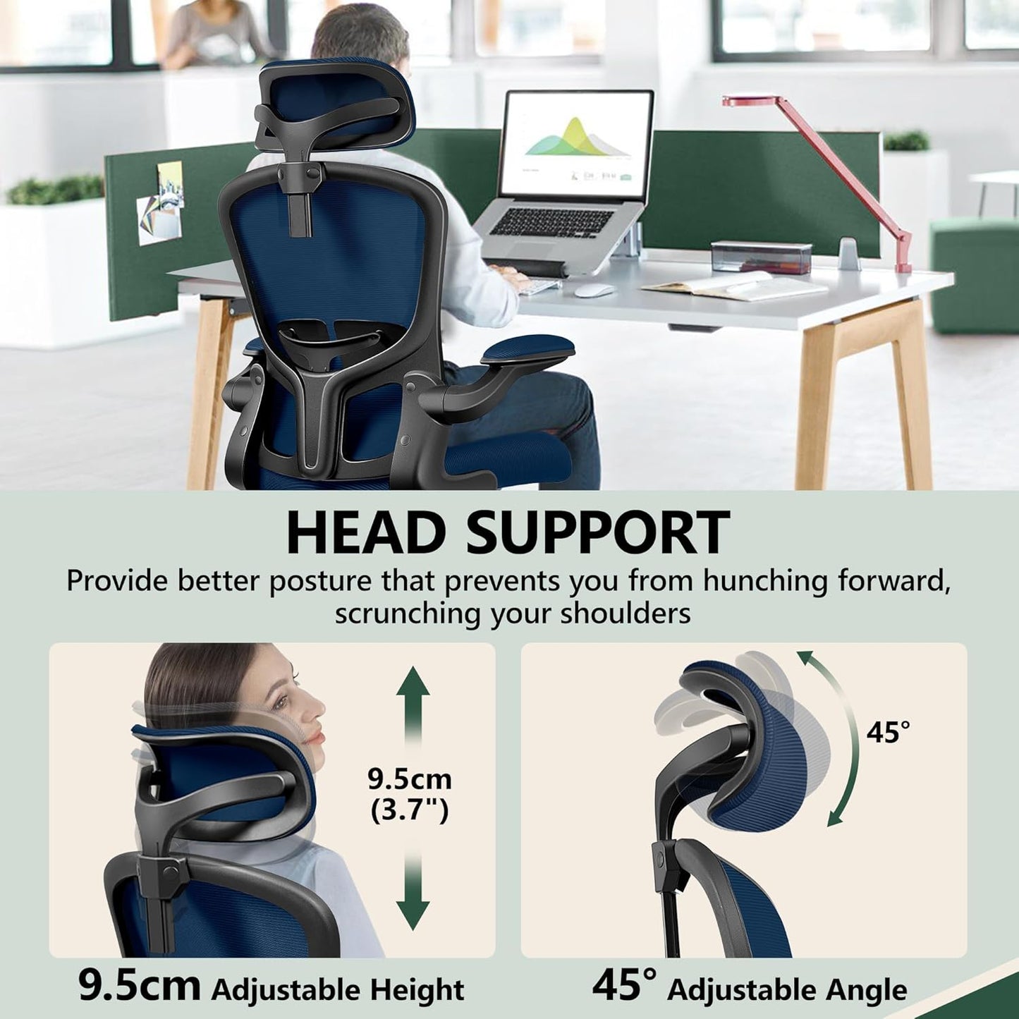FelixKing Ergonomic Office Desk Chair with Headrest, Wheels, Adjustable Lumbar Support and Height, Swivel Comfy Task Chair with Flip-up Armrests, Ergo Mesh Backrest for Working (Navy)