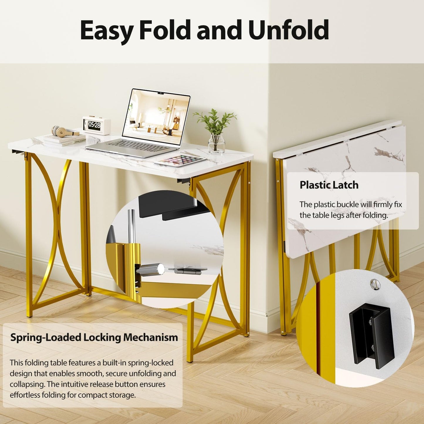 Folding Desk, 31.5" Small for Bedroom, Space Saving Foldable Computer Desk for Home Office, Easy Assembly, White and Gold