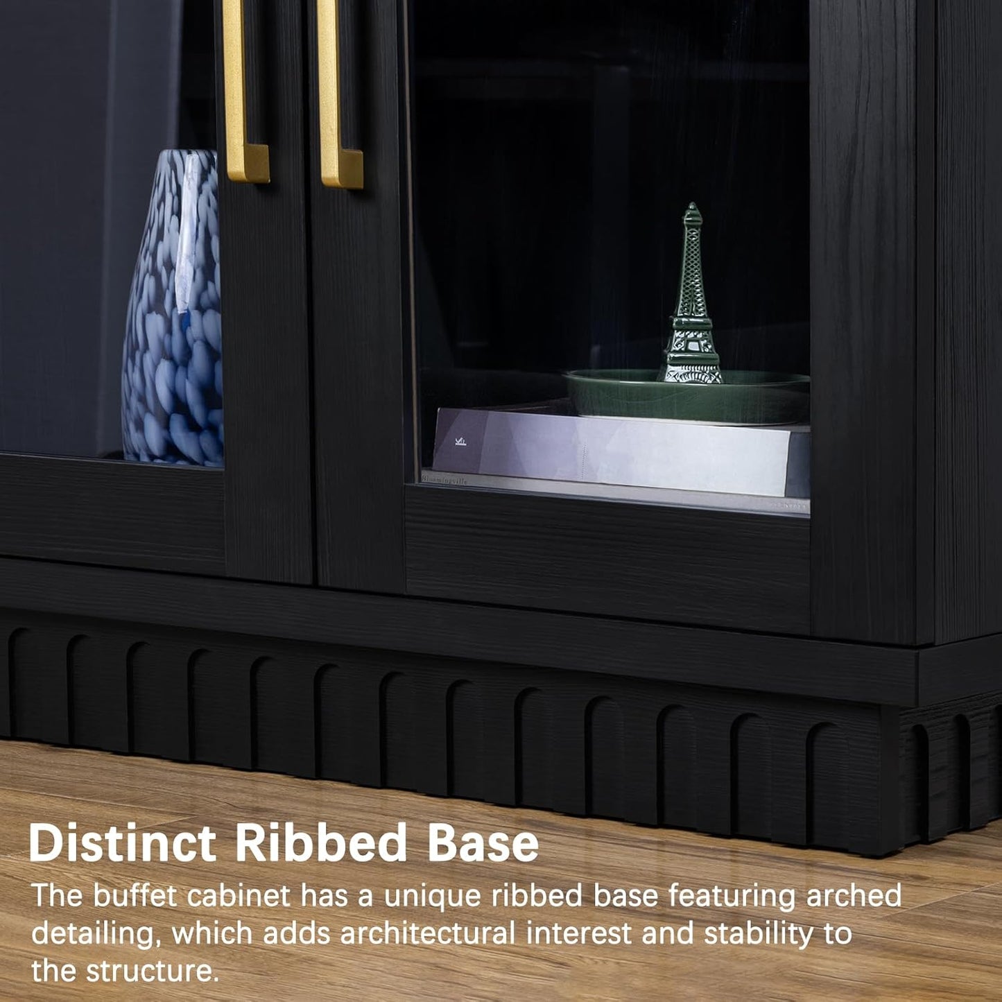 Buffet Cabinet with Storage, Sideboard Cabinet with Glass Doors, Accent Storage Cupboard Console Table for Kitchen, Hallway, Living Room, Dining Room, Smoked Black Oak