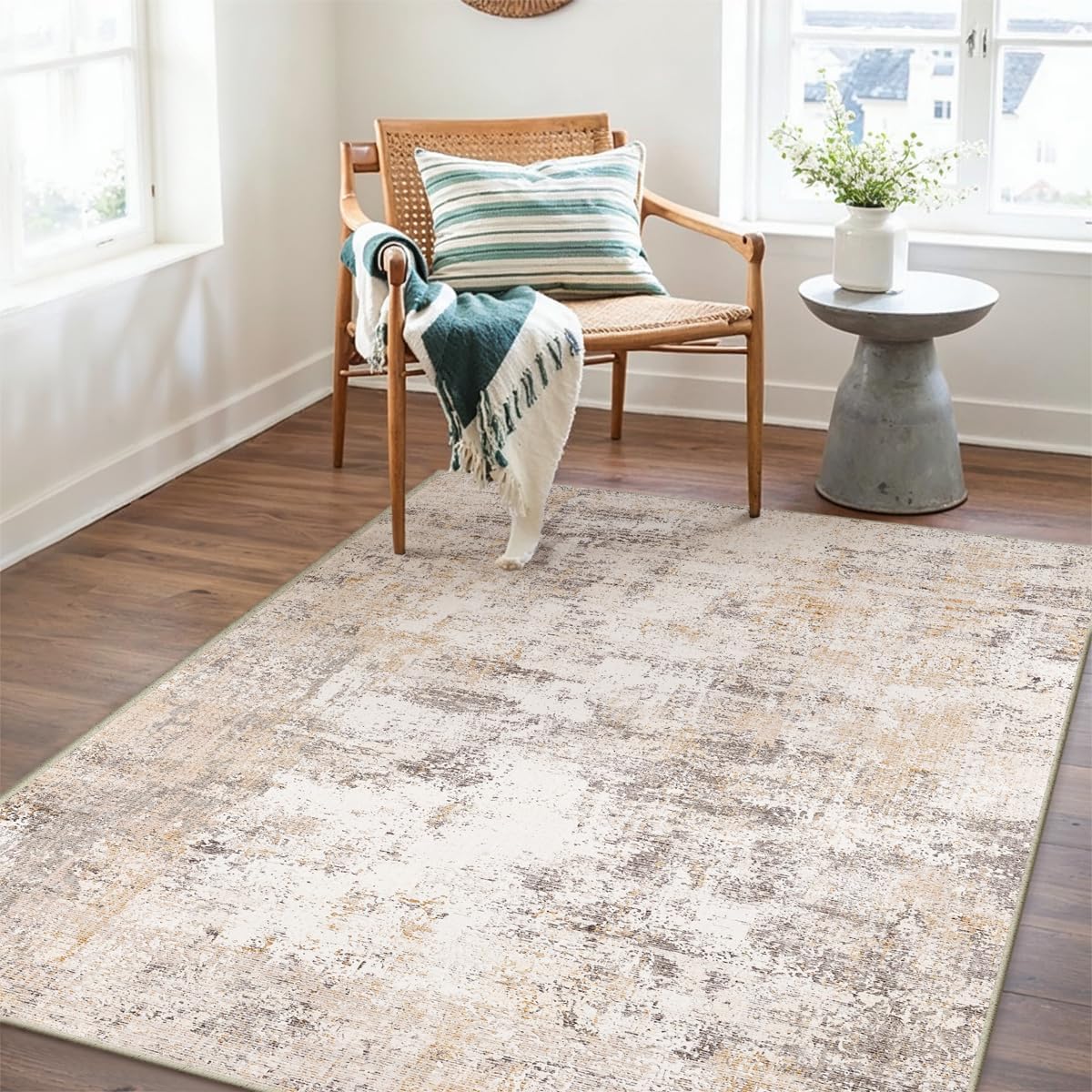 3x4 Washable Area Rug Beige Grey Neutral Abstract Entryway Kitchen Non Slip Low Pile Throw Rug Living Room Bedroom Indoor Doormat Small Soft Carpet for Entrance Bathroom