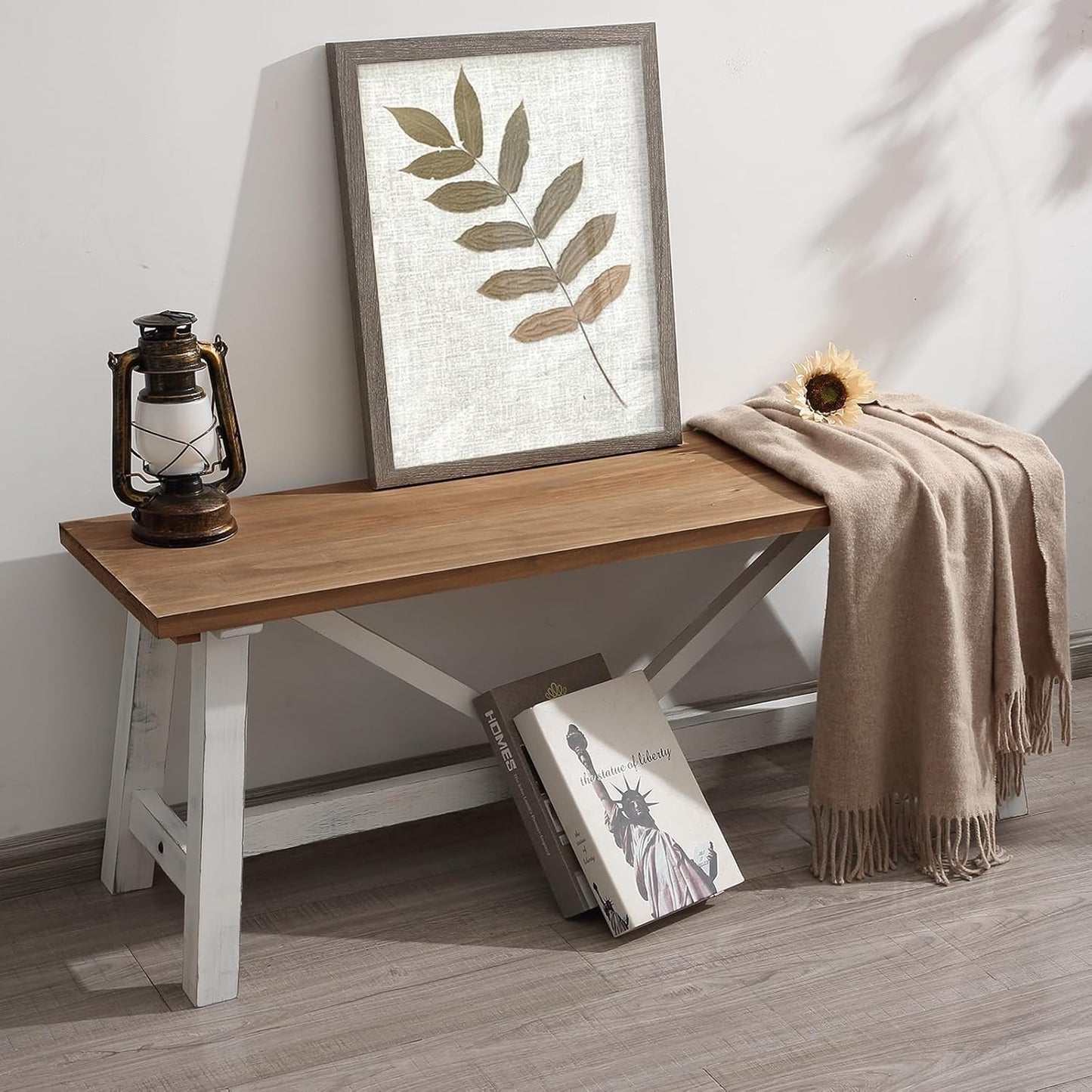 Wnutrees 43" Farmhouse Wood Bench, Narrow Bench, Long Bench Seat for Entryway, Living Room, Dining Room, Solid Wood, White