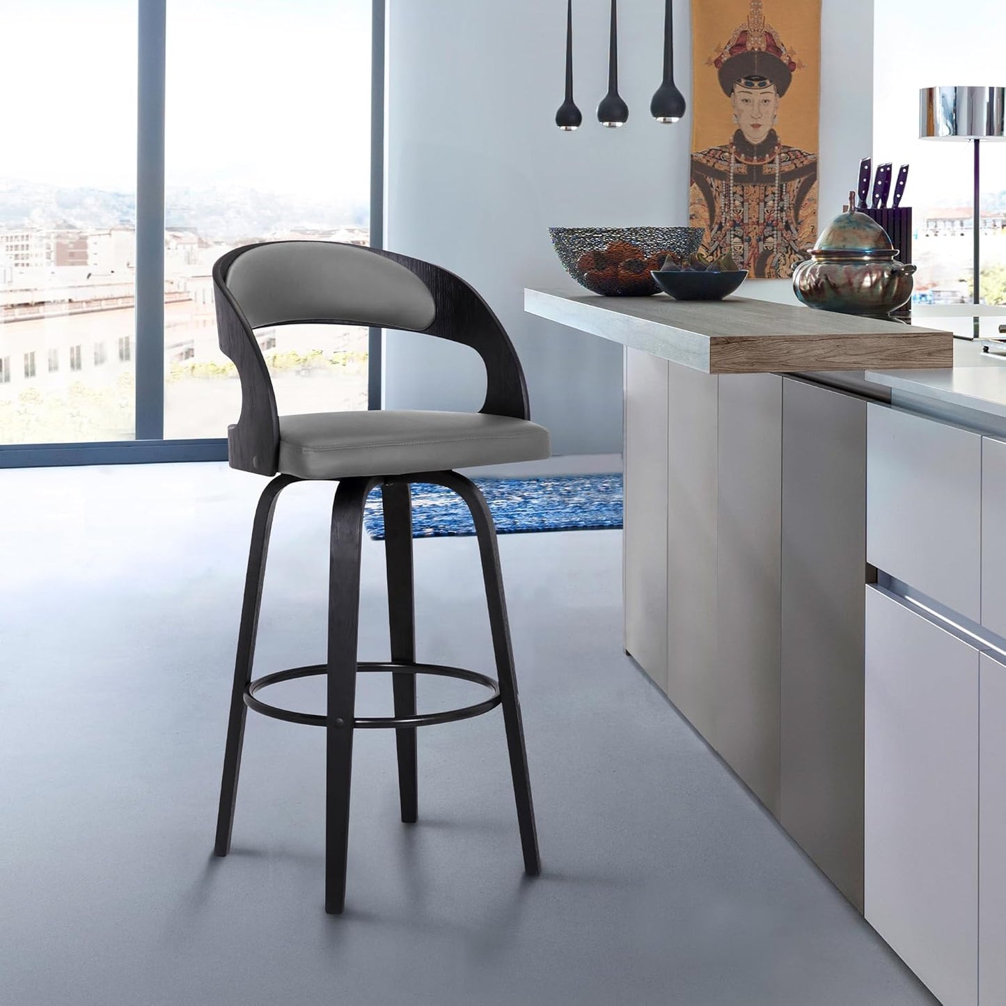 Armen Living Shelly 30" Bar Height Swivel Gray Faux Leather and Black Wood Bar Stool - Set of 3