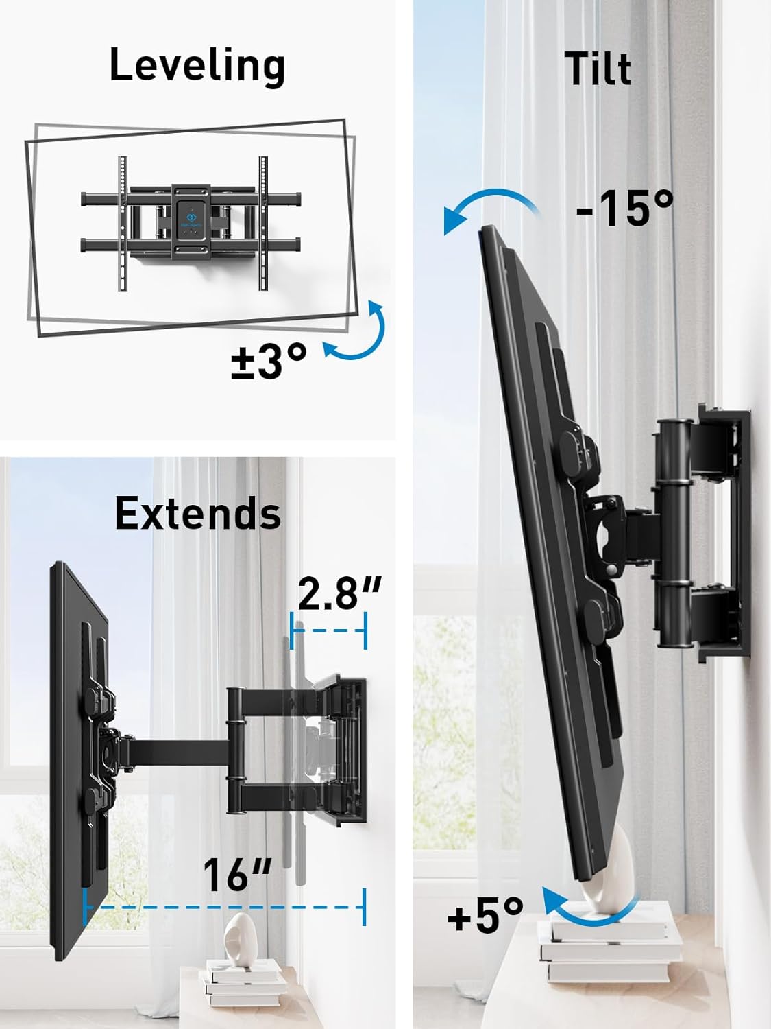PERLESMITH Full Motion TV Wall Mount for Most 37-82 inch TVs up to 132 lbs, TV Mount with Dual Articulating Arms with Tilt and Extension, Fits 12" 16" Studs, Max VESA 600x400mm, PSLFK1