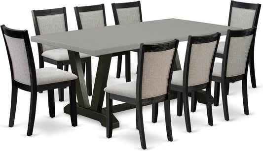 East West Furniture V697MZ606-9 9 Piece Dining Room Table Set Includes a Rectangle Dining Table with V-Legs and 8 Shitake Linen Fabric Upholstered Chairs, 40x72 Inch, Multi-Color