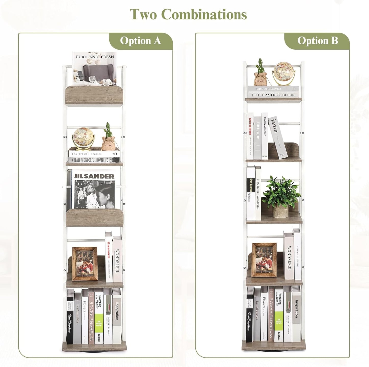 Bikoney Bookshelves 5-Tier, Rotating Bookshelf Tower for Corner, Small Narrow Bookcase, Tall Industrial Bookshelf, Wood and Metal White