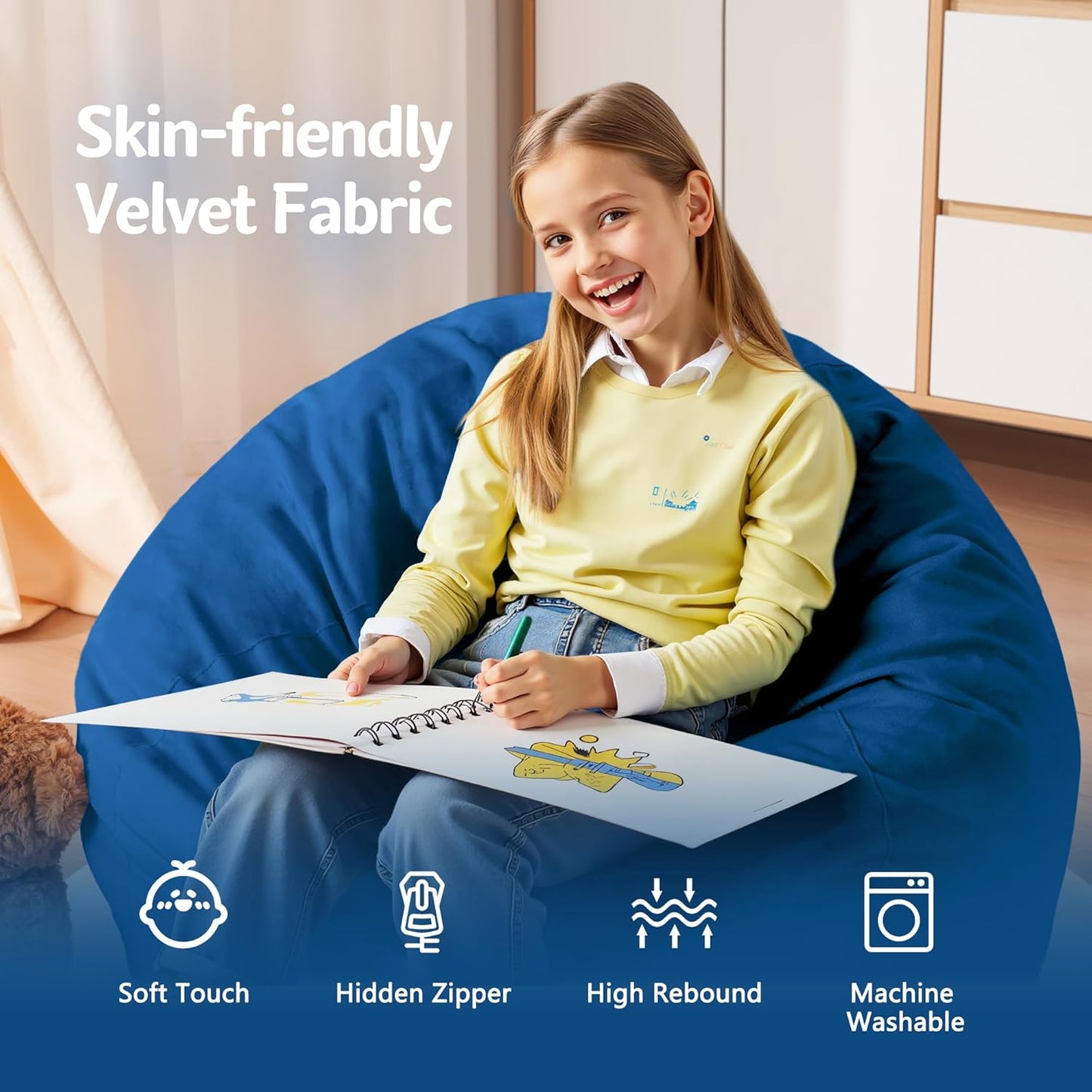 Homguava 2FT Bean Bag Chair: 2' Bean Bags with Memory Foam Filled,Comfy Beanbag Chairs Round Bean Bag Sofa with Dutch Velvet Cover-Blue