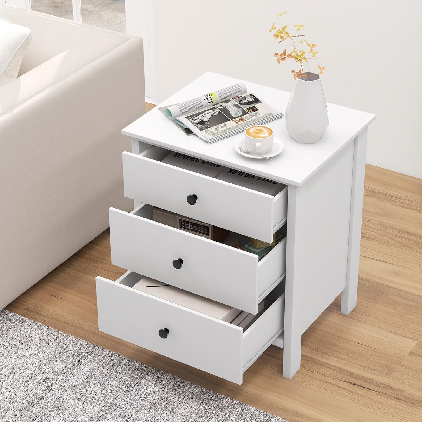 KOMFOTT 3 Drawers Nightstand, Wooden Bedside Table, Modern Sofa Side End Table, Space-Saving Telephone Table, Chest of Drawers for Living Room, Bedroom & Office (1, White)