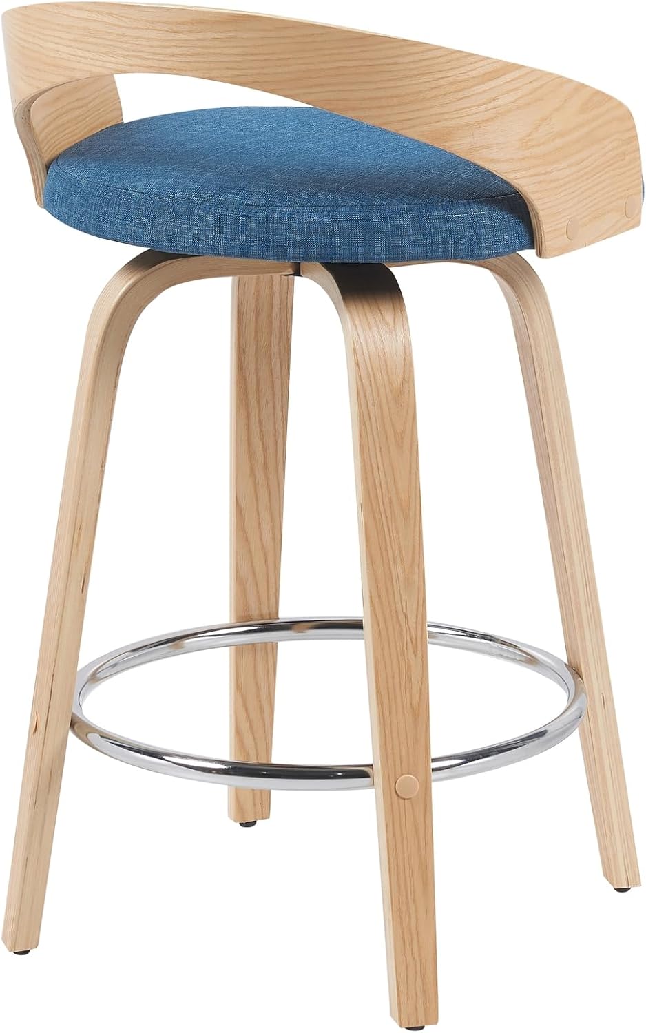 Sonia Modern Swivel Counter Height Bar Stool with Blue Upholstered Seat and Patterned Oak Wood Finish Set of 3