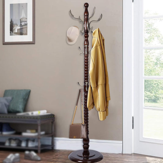 73" Wooden Coat Rack Stand,Coat Racks Freestanding With 14 Hooks And Solid Round Base Heavy Duty Adjustable Height Hall Tree Coat Rack for Entryway Hallway Foyer Office Bedroomf (Mahogany metal)