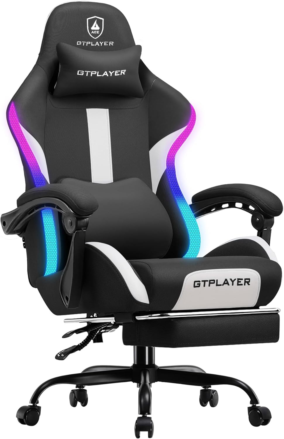 GTRACING Gaming Chair with Foot Rest & Racing Style RGB LED Lights, Breathable Fabric for Home Office Desk, Ergonomic High Back Computer Chair with Headrest & Lumbar Support, RGB Black