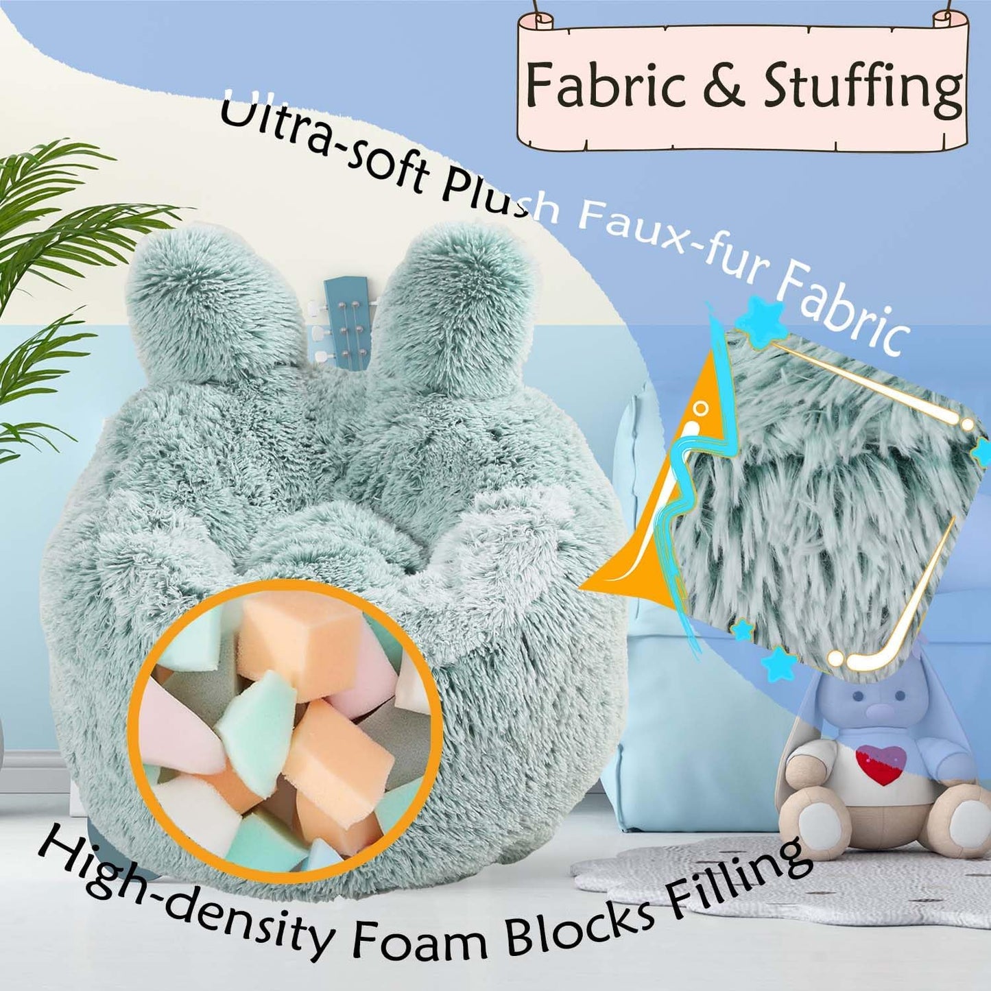Bean Bag Chair for Kids with Plush Faux Fur Cover, 2.5FT Memory Foam Filled Bean Bag for Teens & Kids, Lazy Sofa for Living Room/Bedroom/Dorm, Rabbit-Ears Design