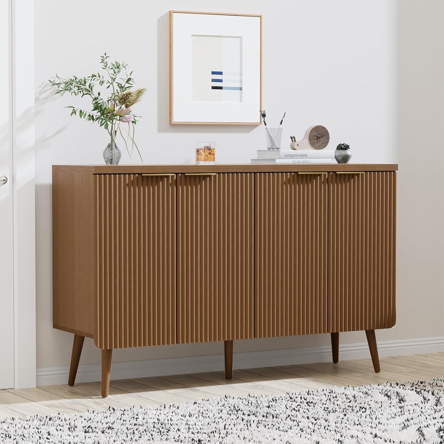 Fluted Buffet Cabinet – Modern Wood Sideboard with 4-Doors & Shelves, Multifunctional Storage Cabinet & Credenzas for Entryway, Dining & Living Room, Black