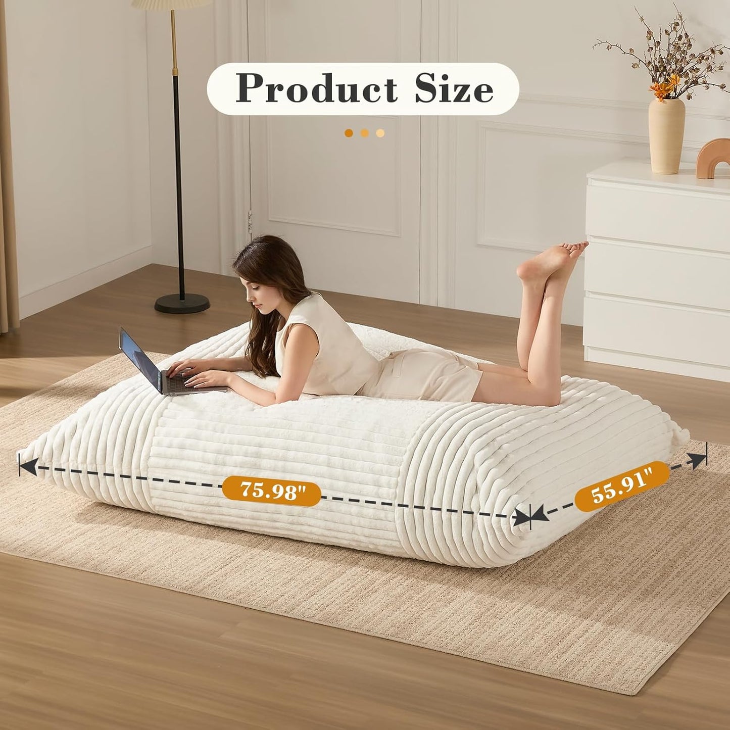 3-in-1 Giant Bean Bag Chair for Adults & Kid, Convertible Floor Sofa to Mattress, High-Density Foam Chair Bed with Washable Cover, Multi Functional Lounge Couch for Bedroom, Living Room (Beige)