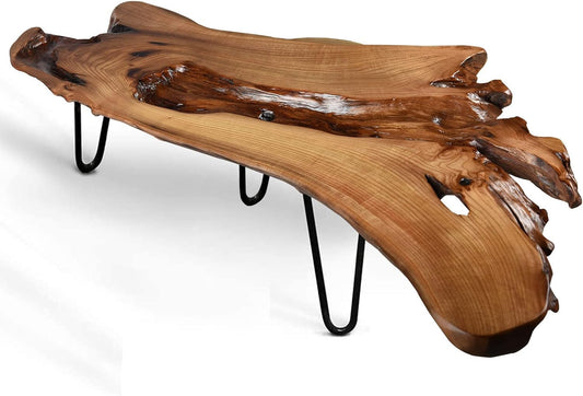 Live Edge Coffee Table, Natural Living Room Coffee Table with Clear Lacquer Finish and Metal Hairpin Legs,Unique Desktop