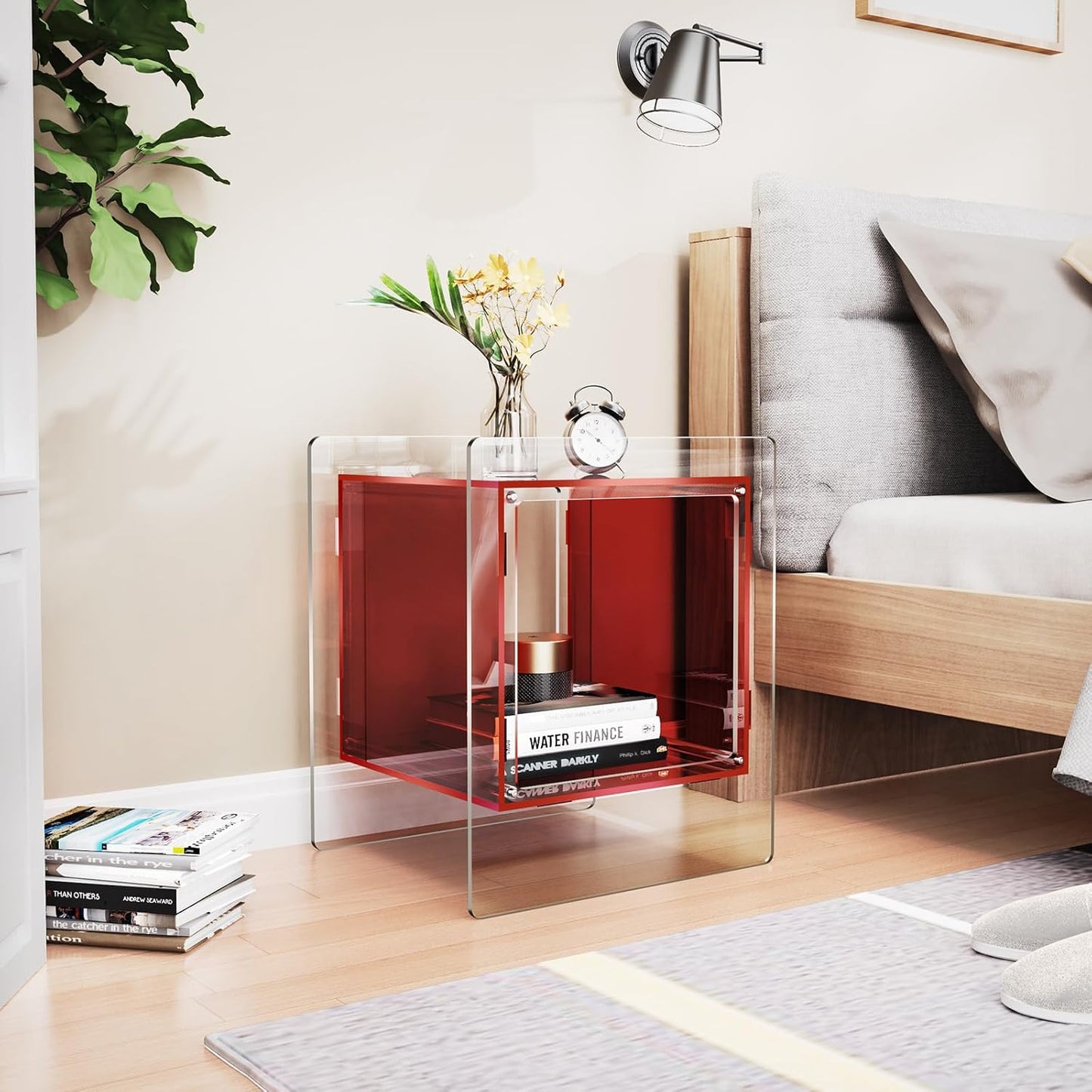 Acrylic Nightstand Colorful Bedside Table with Open Storage Shelf,Clear Side Table for Living Room (1, Red)