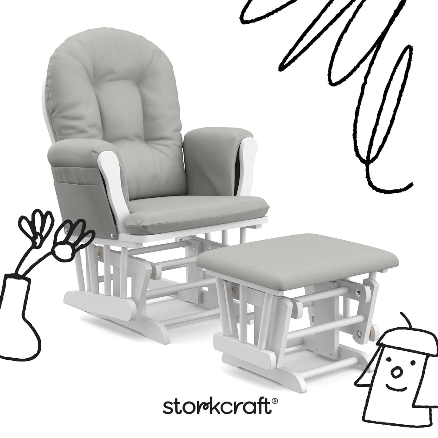 Storkcraft Premium Hoop Glider & Ottoman (White/Light Gray) — GREENGUARD Gold Certified Nursery Glider, Solid Wood Craftsmanship, Smooth-Gliding Nursery Chair and Ottoman, Award-Winning