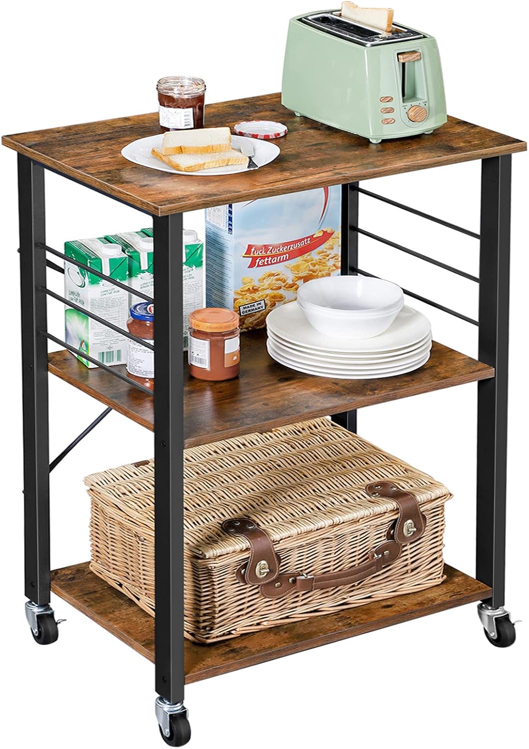 VASAGLE Kitchen Shelf on Wheels, Serving Cart with 3 Shelves, Kitchen Cart, Microwave Shelf, for Mini Oven, Toaster, with 6 Hooks, Industrial Style, Rustic Brown and Black UKKS60XV1