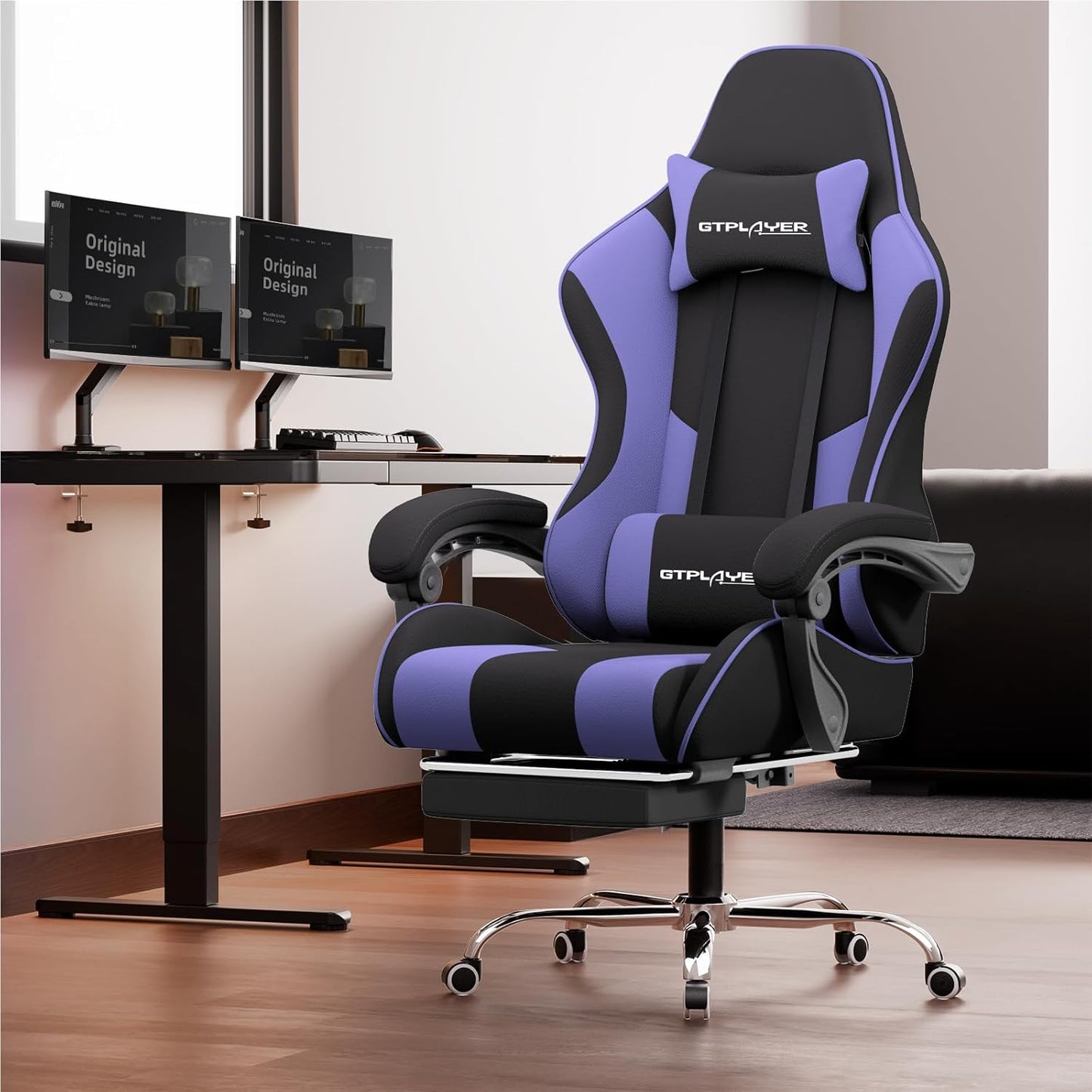 GTPLAYER Gaming Chair, Computer Chair with Footrest and Lumbar Support, Height Adjustable Game Chair with 360°-Swivel Seat and Headrest and for Office or Gaming (Purple, Fabric)