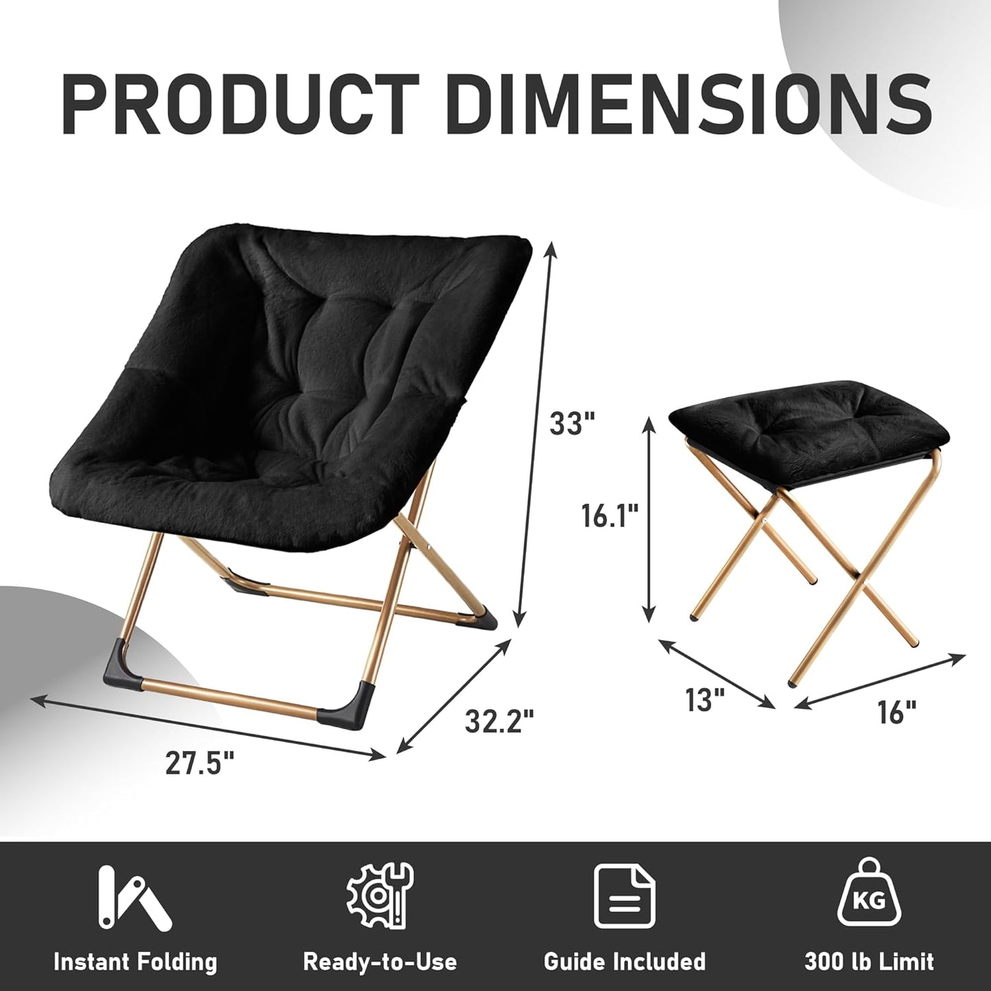 Comfy Oversized Saucer Chair with Ottoman,Soft Faux Fur Reading Lounge Chair for Adults,Stable X-Large Metal Frame and Non-Slip Pad,Cozy Chair for Bedroom, Living Room, Dorm, Office, Black