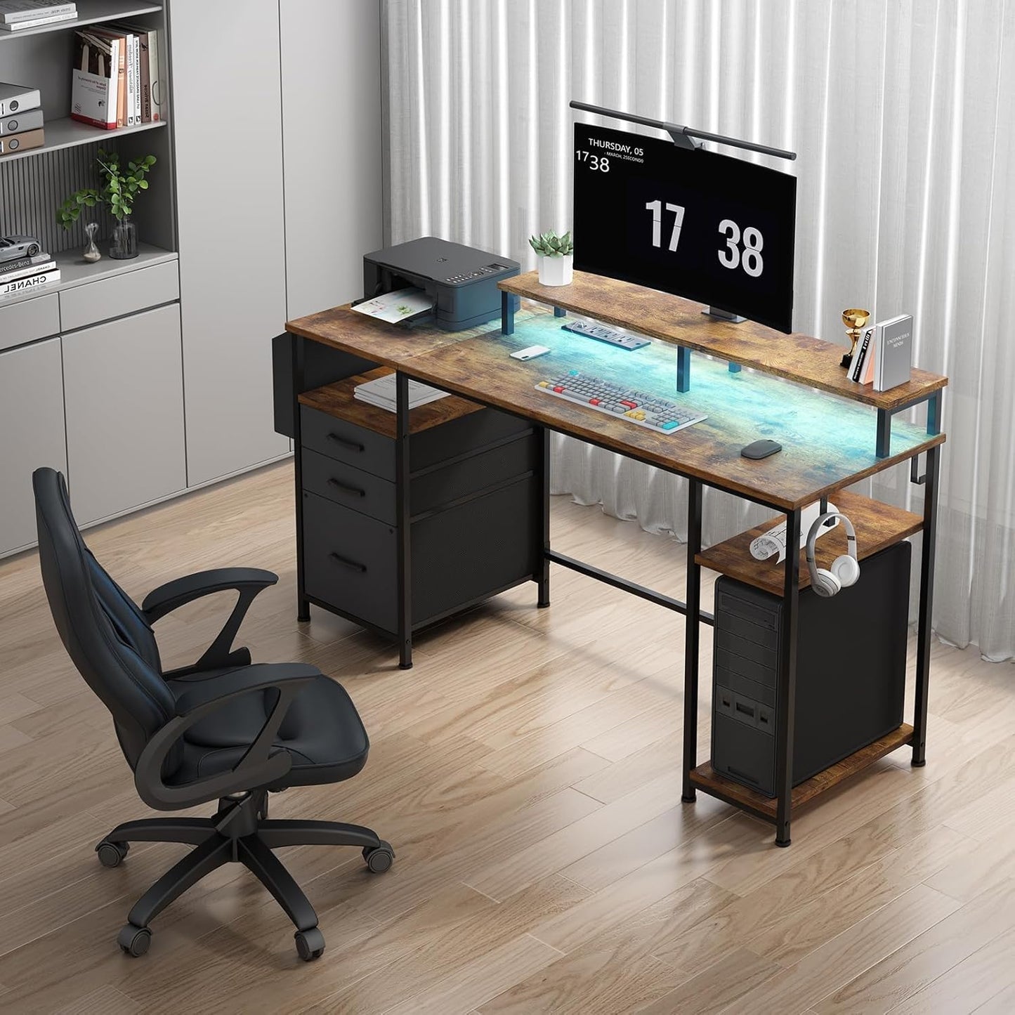 Lufeiya Gaming Desks with Led Lights and Power Outlets, 55 Inch Study Writing Computer Desk with Fabric File Drawers Cabinet for Bedroom, Home Office Desk with Shelves Monitor Stand, Rustic Brown