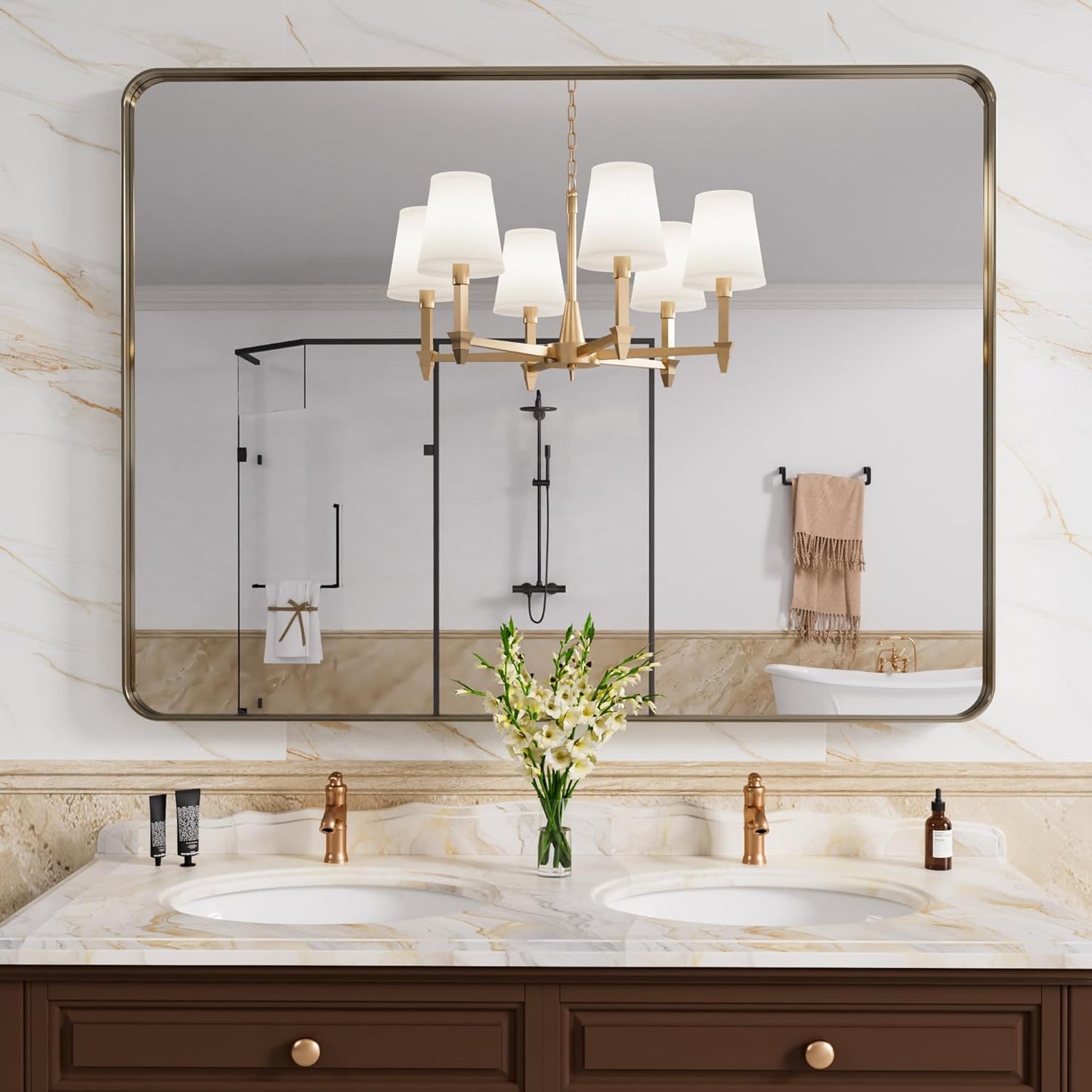 Bronze Bathroom Mirror 40x30 Inch, Brushed Bronze Metal Frame Mirror for Wall, Rounded Rectangle Bathroom Vanity Mirror with Tempered Glass, Anti-Rust, Horizontal/Vertical