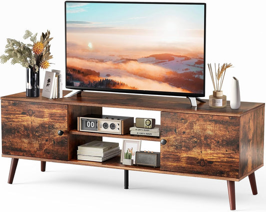Sweetcrispy TV Stand for 55 60 inch TV, Modern Mid Century Entertainment Center with Storage, Media Console Table 2 Cabinet, Soft Hinge, Handle Door, Wooden Living Room, Office Furniture, Rustic Brown