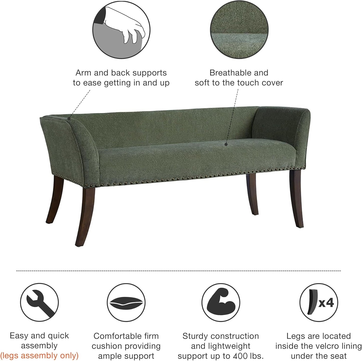 Madison Park Accent Bench, Plush Upholstered, Nailhead Trim, & Padded Seat Entryway Bench Small, End of Bed Bench with Back, 49.5" W x 19.25" D x 23" H, Green