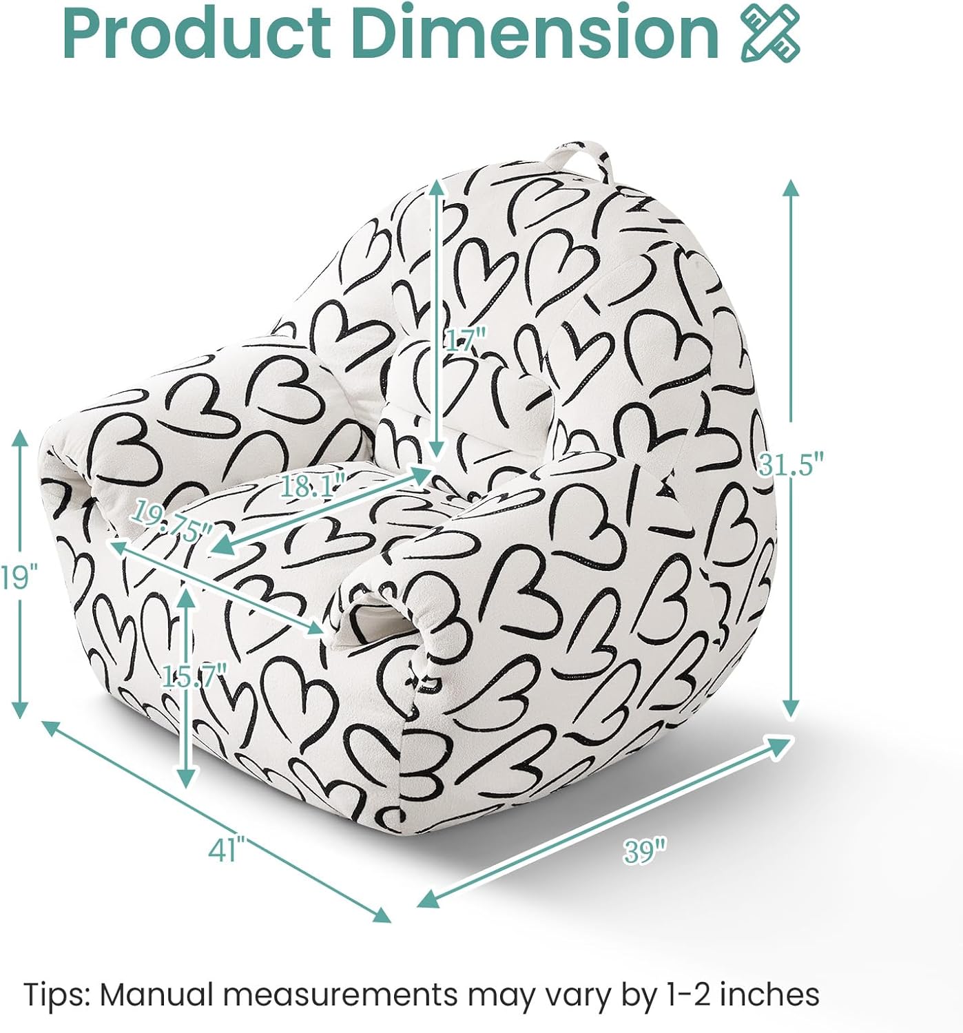 DAICO Bean Bag Chairs for Adults, Comfy Bean Bag Sofa Chair with Handle, Single Lazy Floor Sofas Accent Chair with Foam Bean Bag Couch for Living Room Bedroom Reading Gaming, White Cordate