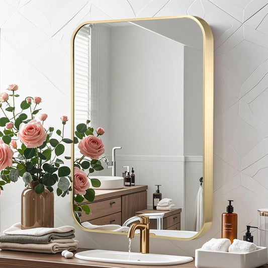 Gold Bathroom Mirror, 20x28 Inch Brushed Gold Mirror, Aluminum Alloy Framed Vanity Mirror, Rounded Rectangle Mirror for Over Sink, Anti-Rust Wall Mirror (Horizontally or Vertically)