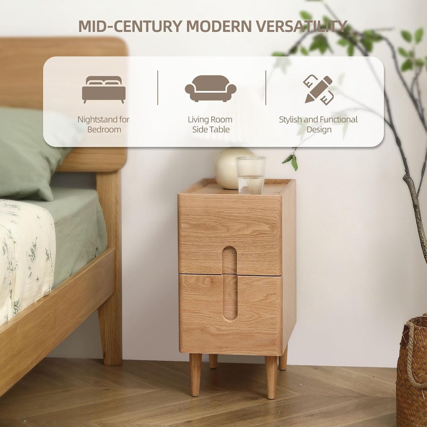 Solid Wood Bedside Table Nightstands, Slim Narrow Oak Real Wooden Mid-Century Modern End Table with Drawers Luxury Side Table Durable Cabinet Organizer Furniture, Natural Color 9.84in Wide