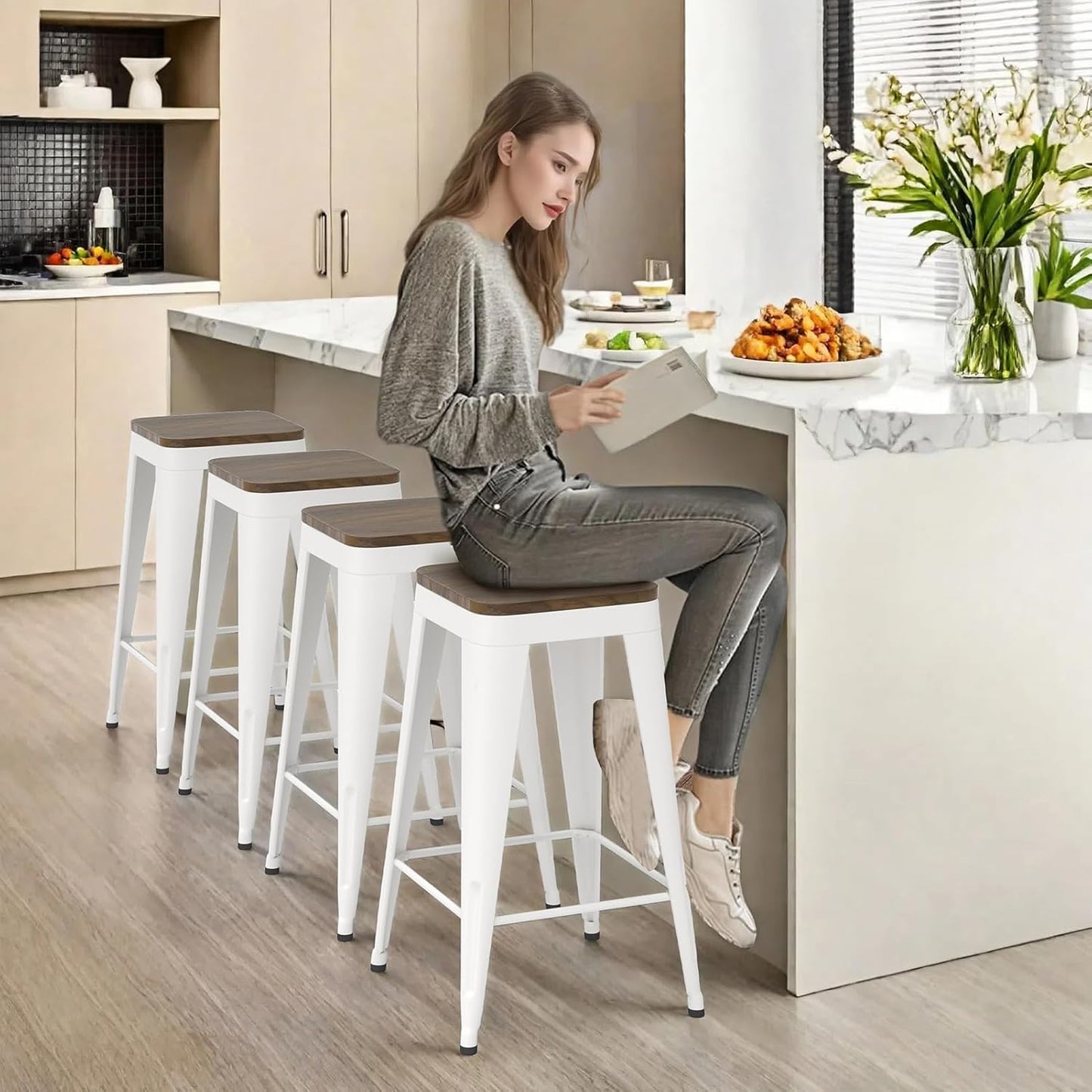 30 inch Backless Bar Stools Set of 4, Indoor Metal Bar Stools with Wood Seat, Industrial Counter Height Barstools for Kitchen Island, White