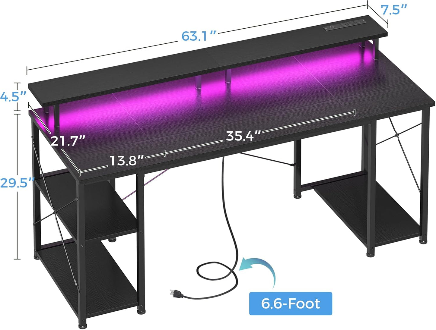 ODK 63 Inches Gaming Desk with LED Lights, Computer Desk with Monitor Stand, Pc Table with CPU Stand, Black