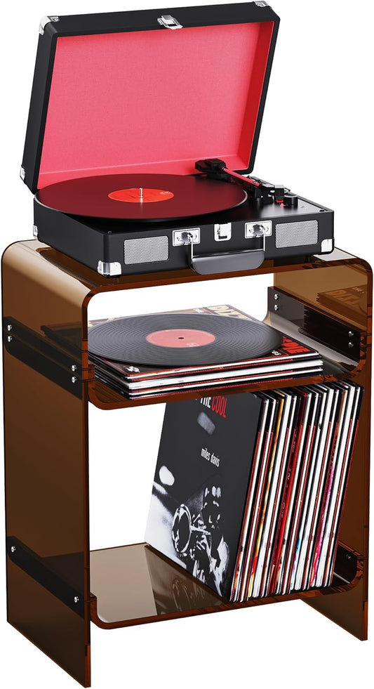 Acrylic Record Player Table with Storage Shelf, Clear Side Table Nightstand (Dark Brown)