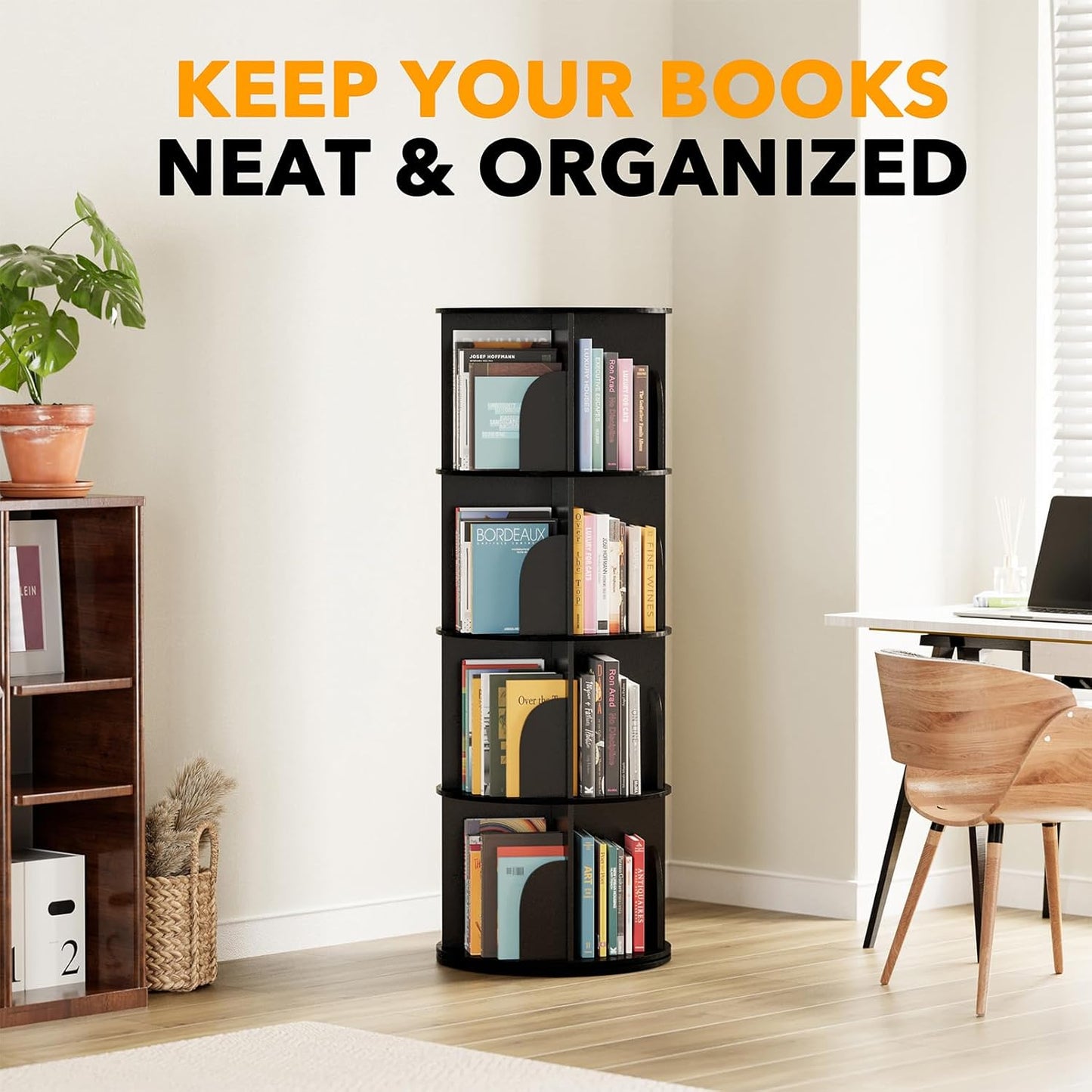 SpaceAid 4 Tier Rotating Bookshelf Tower, Spinning Bookcase Lazy Susan, Revolving 360 Book Shelf Storage Round Carousel, Vertical Rotate Turning Spiral Corner Organizer, Black