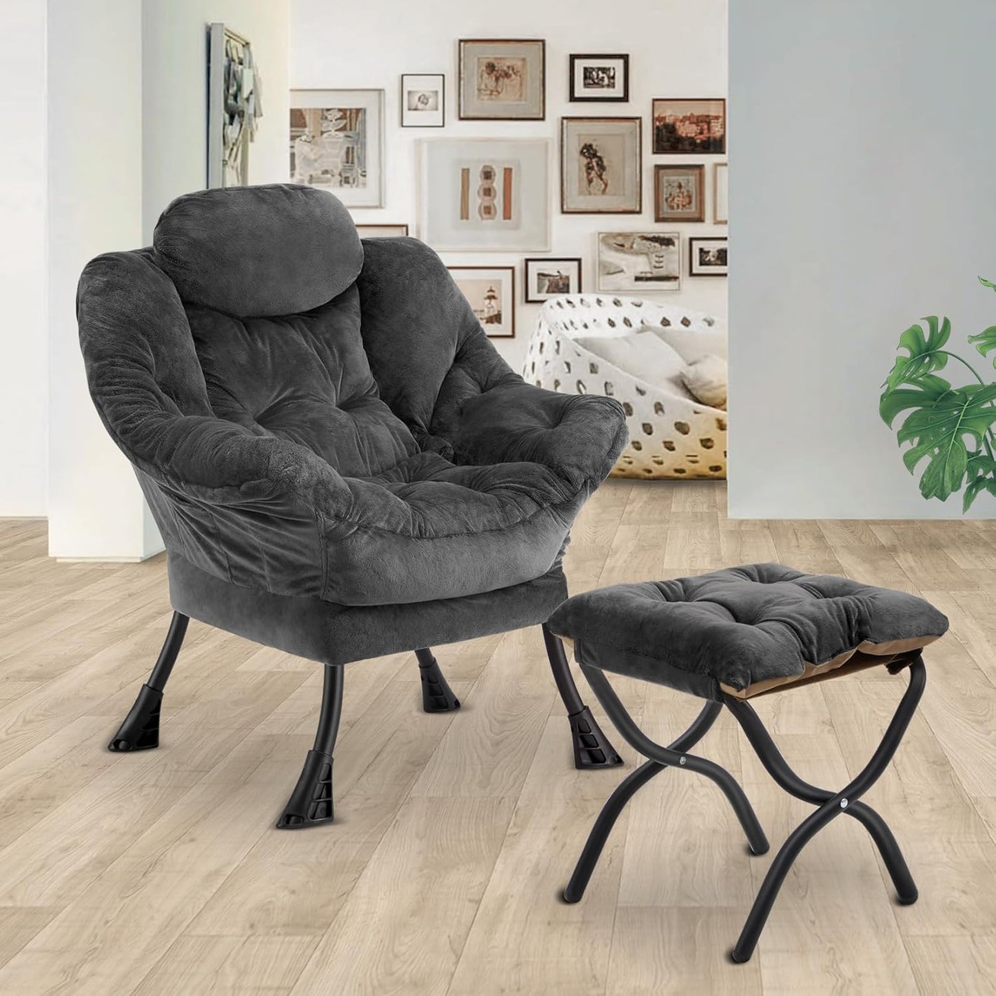 Lazy Chair with Folding Ottoman,Leisure Sofa Chair,Soft Fabric Armchair with Armrests and Side Pockets, Reading Chair with Footrest for Living Room, Bedroom, Office (Plush Dark Grey)
