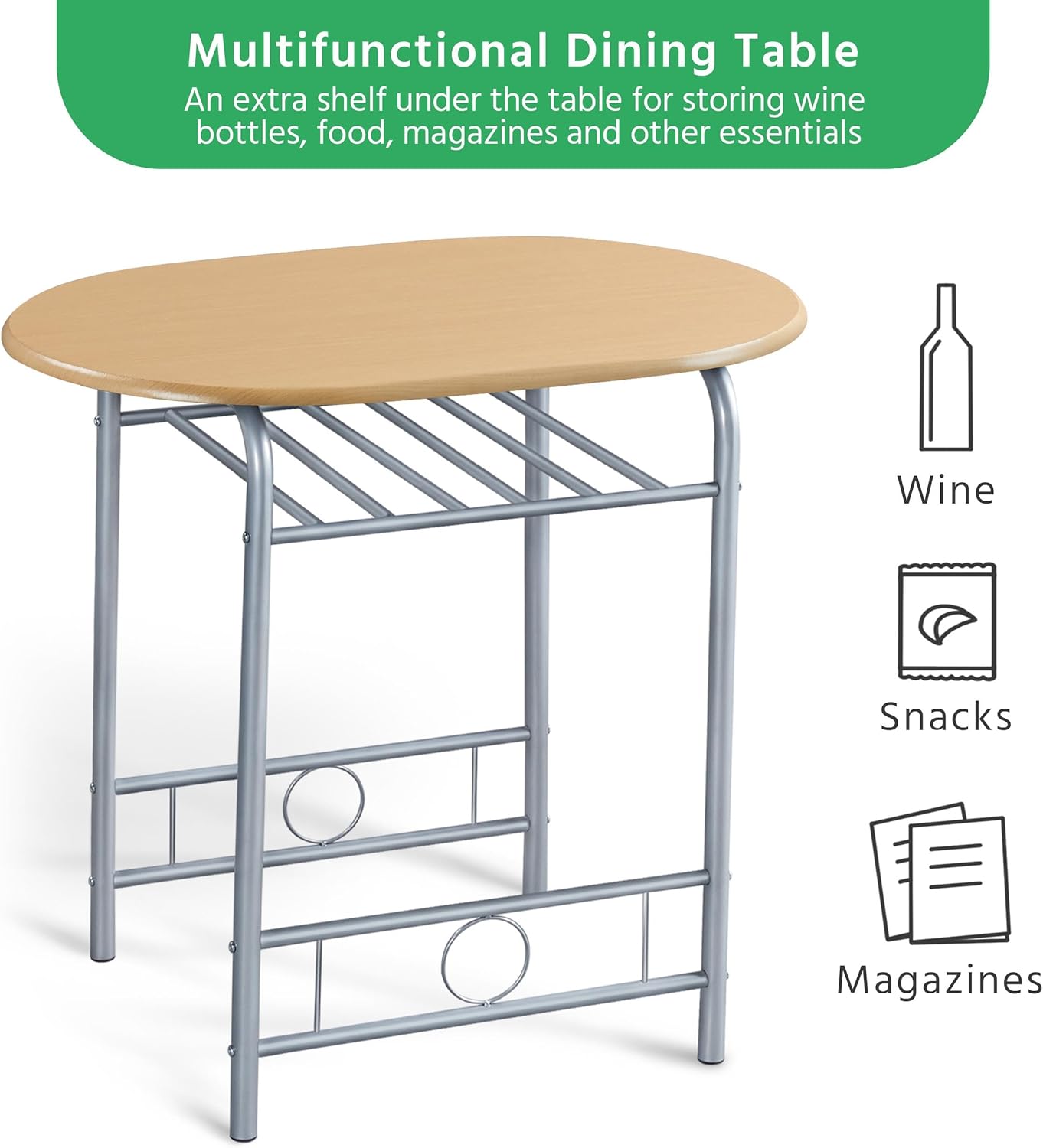 Yaheetech 3 Piece Dining Table Set, Kitchen Table & Chair Sets for 2, Compact Bistro Table Set with Steel Legs, Built-in Wine Rack for Small Space, Apartment, Breakfast Nook, Natural