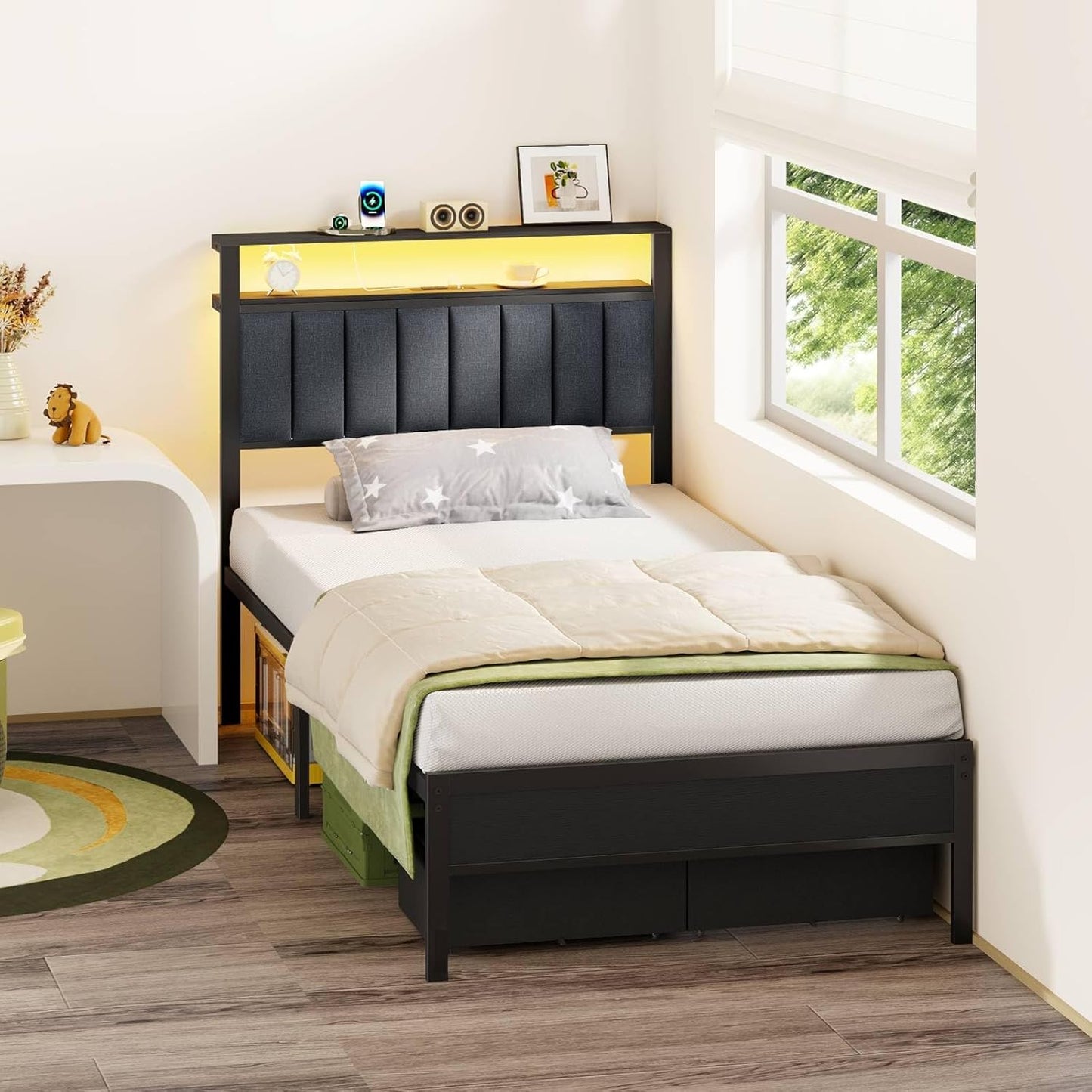 Furnulem Twin Bed Frames with Charging Station and LED Lights, Grey Upholstered Headboard with Shelves, Metal Platform Bed with 2 Under-Bed Storage (Fabric Drawer on Wheels), No Box Spring Needed