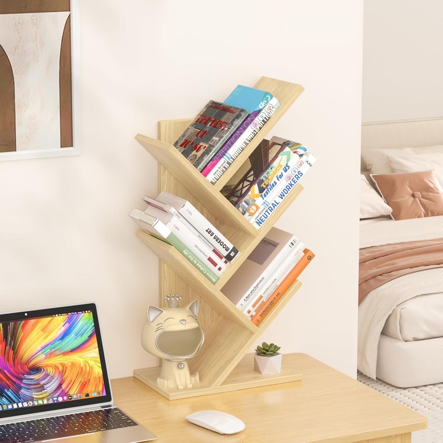 5 Tier Tree Book Shelf, Small Desktop Bookshelf with Storage Organizer, Wood Bookcase, Desk Display Bookshelves, Floor Standing Organizer Bookcases for Living Room,Bedroom,Office-Natural