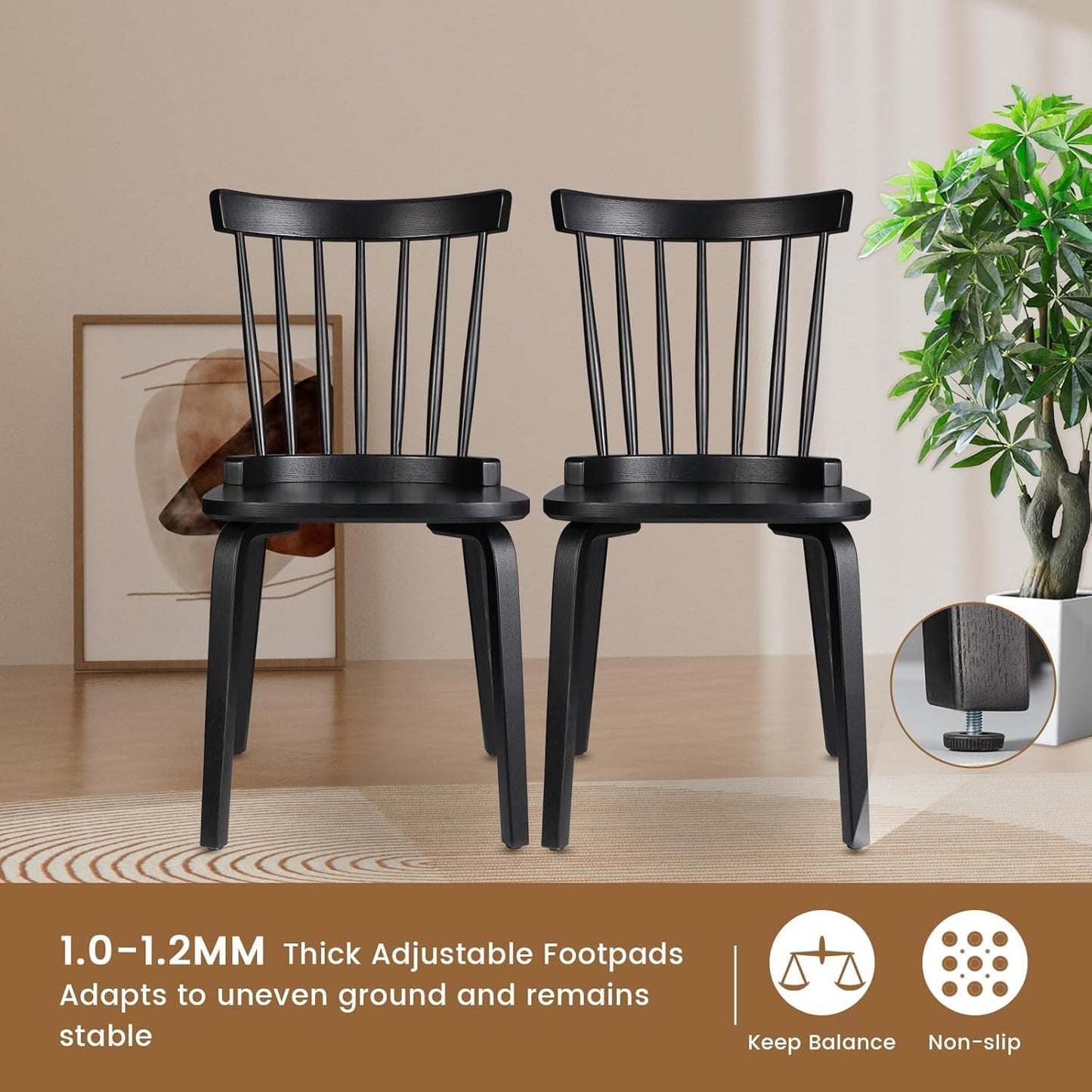 Unovivy Wood Dining Chairs Set of 6, Windsor Farmhouse Spindle Back, Widen Seat, Modern Mid-Century Country Style, for Living Room Restaurant, Black