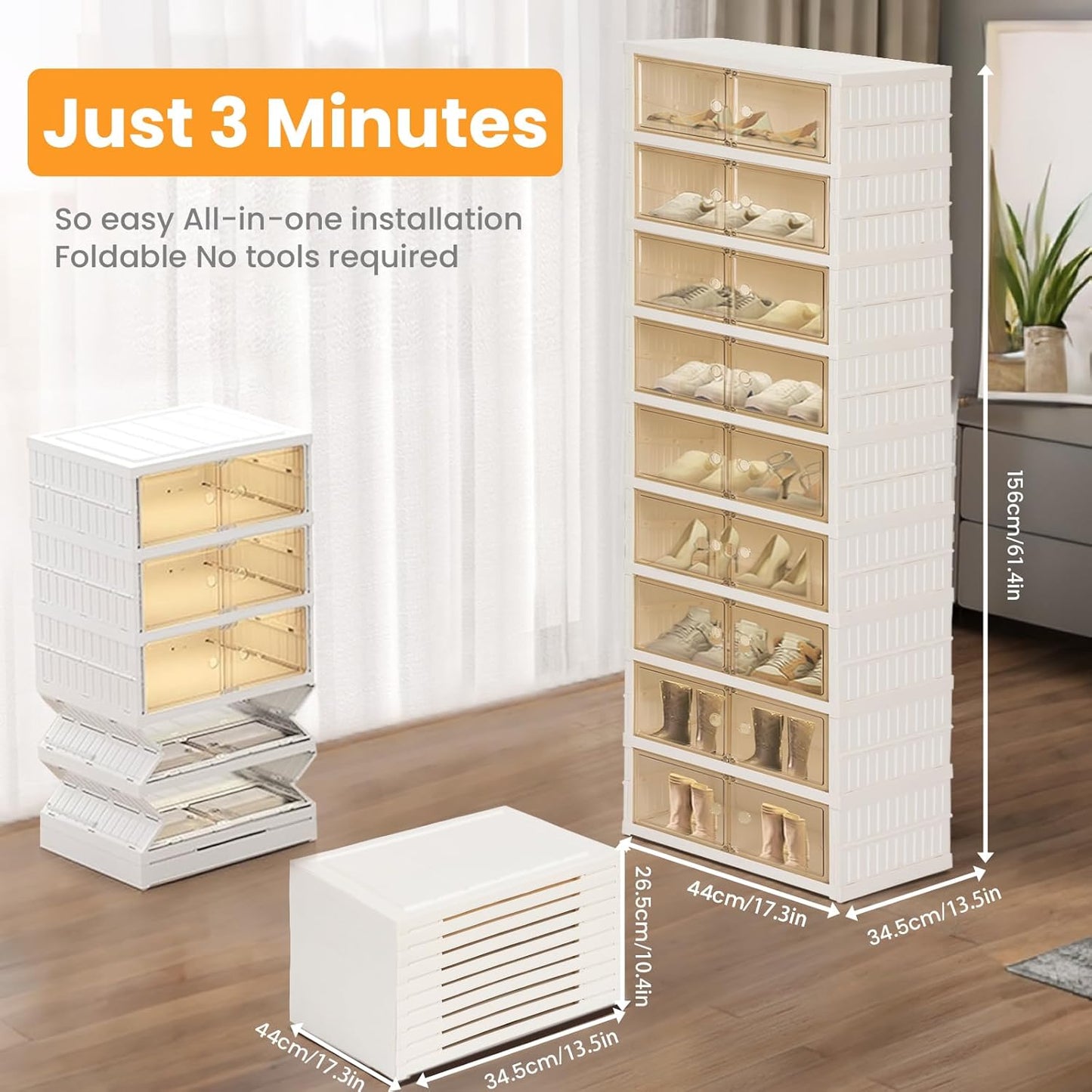 Foldable Shoe Organizer Storage Box, Portable Extra Large Folding Shoe Rack for Closet, Shoe Storage Box with Magnetic Transparent Door and Wheels, 9 Layers 18 Grids for 2 PCS