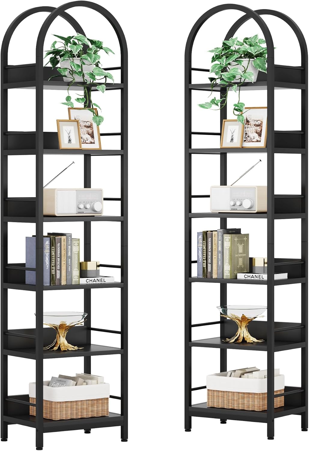 LITTLE TREE 6-Tier Open Bookshelf Set 2, Freestanding 78.7" Tall Arched Bookcase, Black Wooden Bookshelf with Metal Frame, Narrow Bookcase Display Shelves for Living Room, Bedroom, Office
