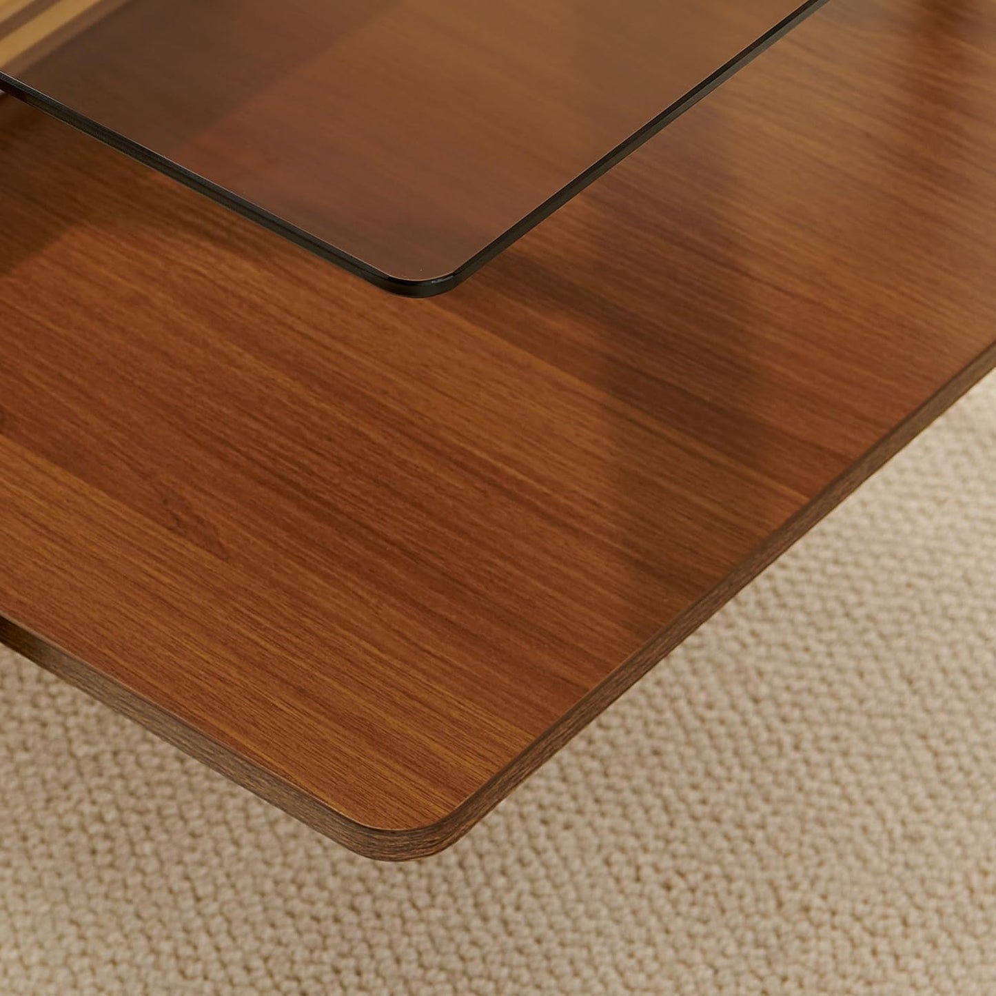 Rectangle Coffee Table, Mid-Century Modern Design, L41*W21*H17 inch, for Living Room, Amber Glass Top and Walnut Finish Wood Shelf, Conical Metal Legs with Gold Finish