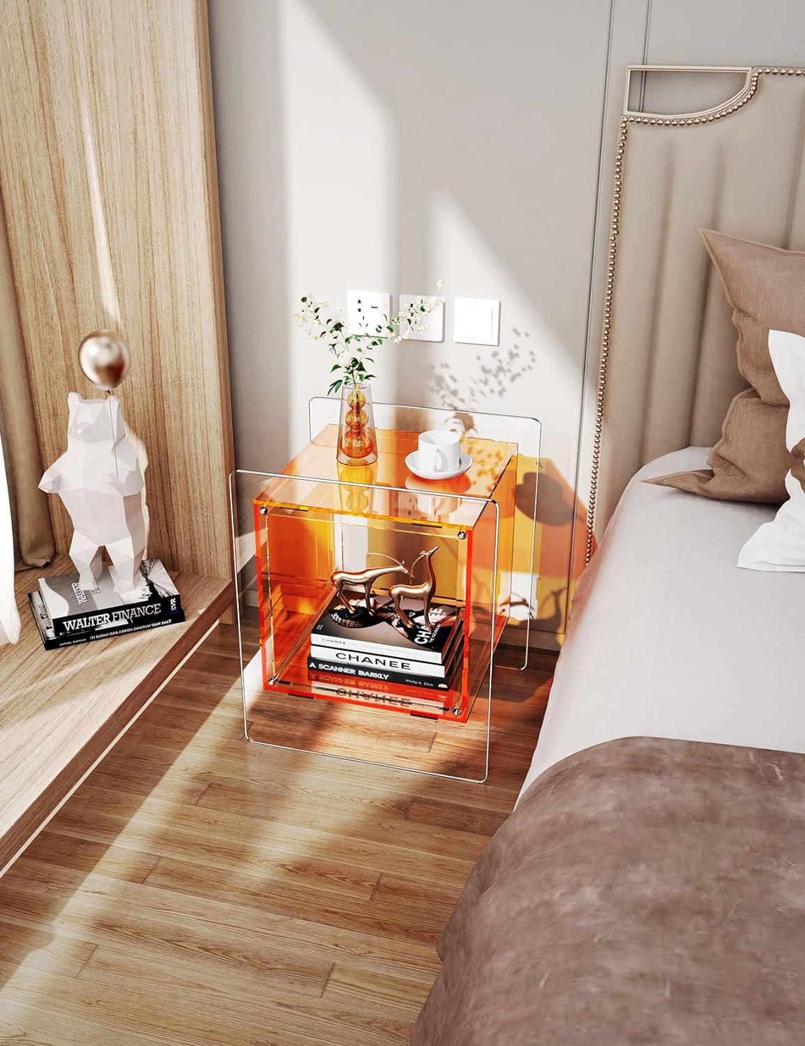 Acrylic Nightstand Colorful Bedside Table with Open Storage Shelf,Clear Side Table for Living Room (1, Orange)